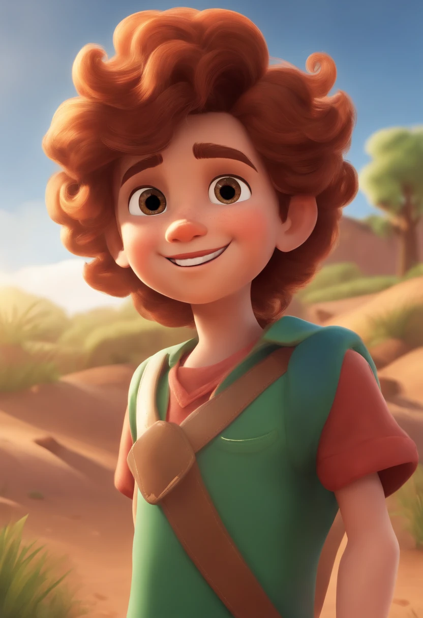 Image of a boy for a story in a YouTube video in Pixar format, He's the little allabester, He's the class leader, He's outgoing, Playful and gets up for a lot of things, cabelo curto, tem olhos azuis e gosta de jogar futebol.