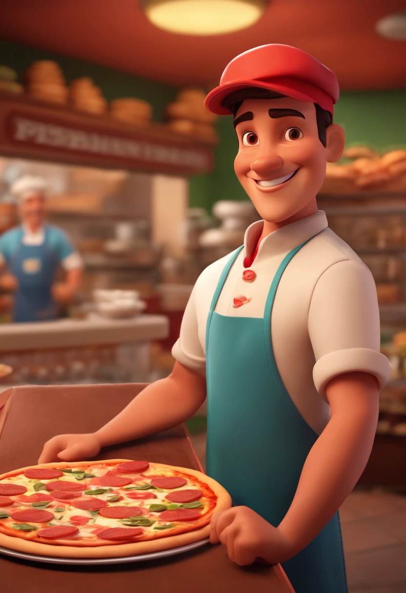 Disney Pixar-inspired character of a pizza maker with a white cap, Camisa do Chef, is smiling, Holding a pizza in hand inside a restaurant
