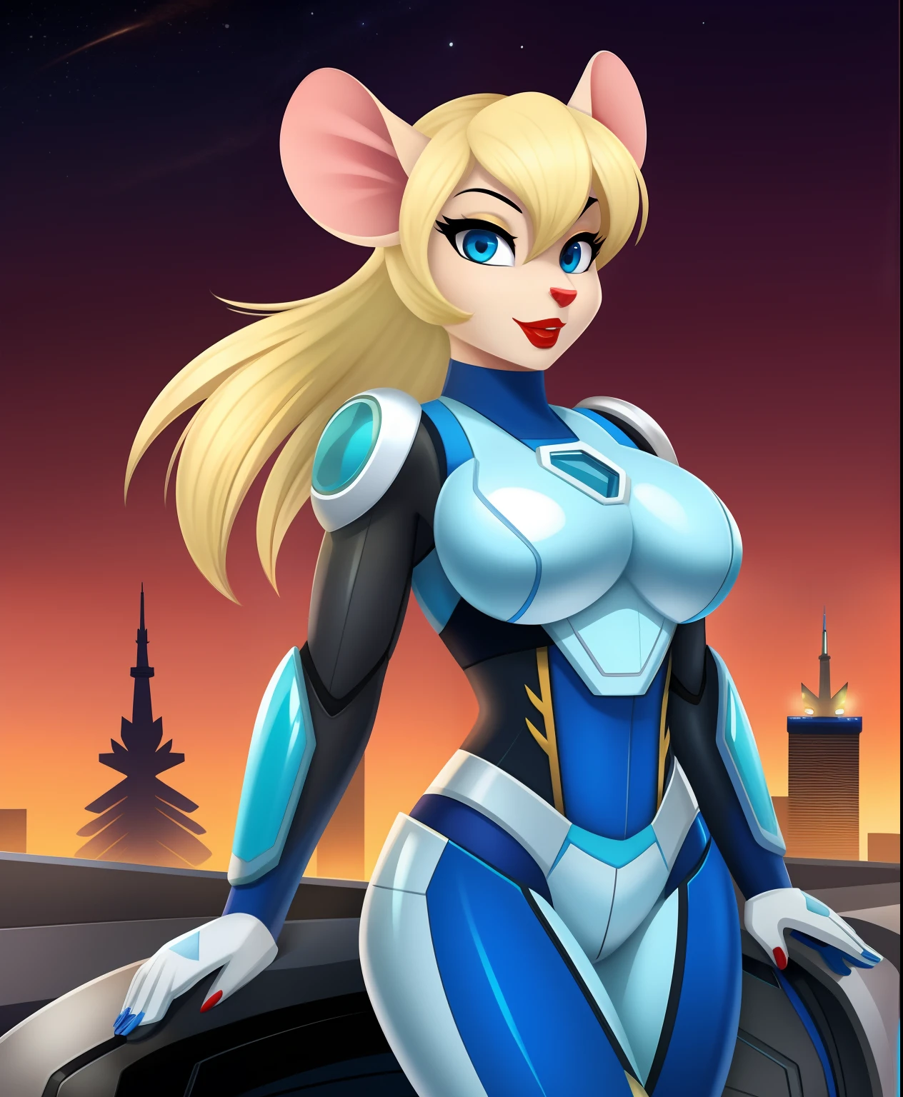 Toronto the female blonde mouse, red lipstick, green metal racers exosuit, blue eyes, blue eyeshadow
