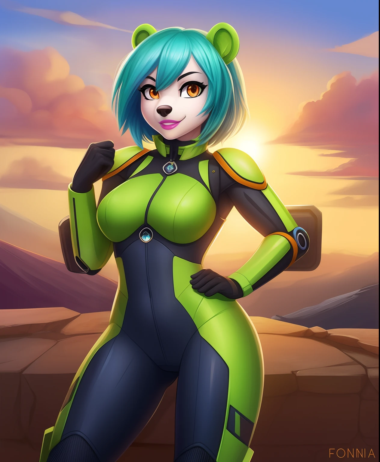 Fiona Hall the female bear, cyan hair, light pink lipstick, green metal racers exosuit, orange eyes