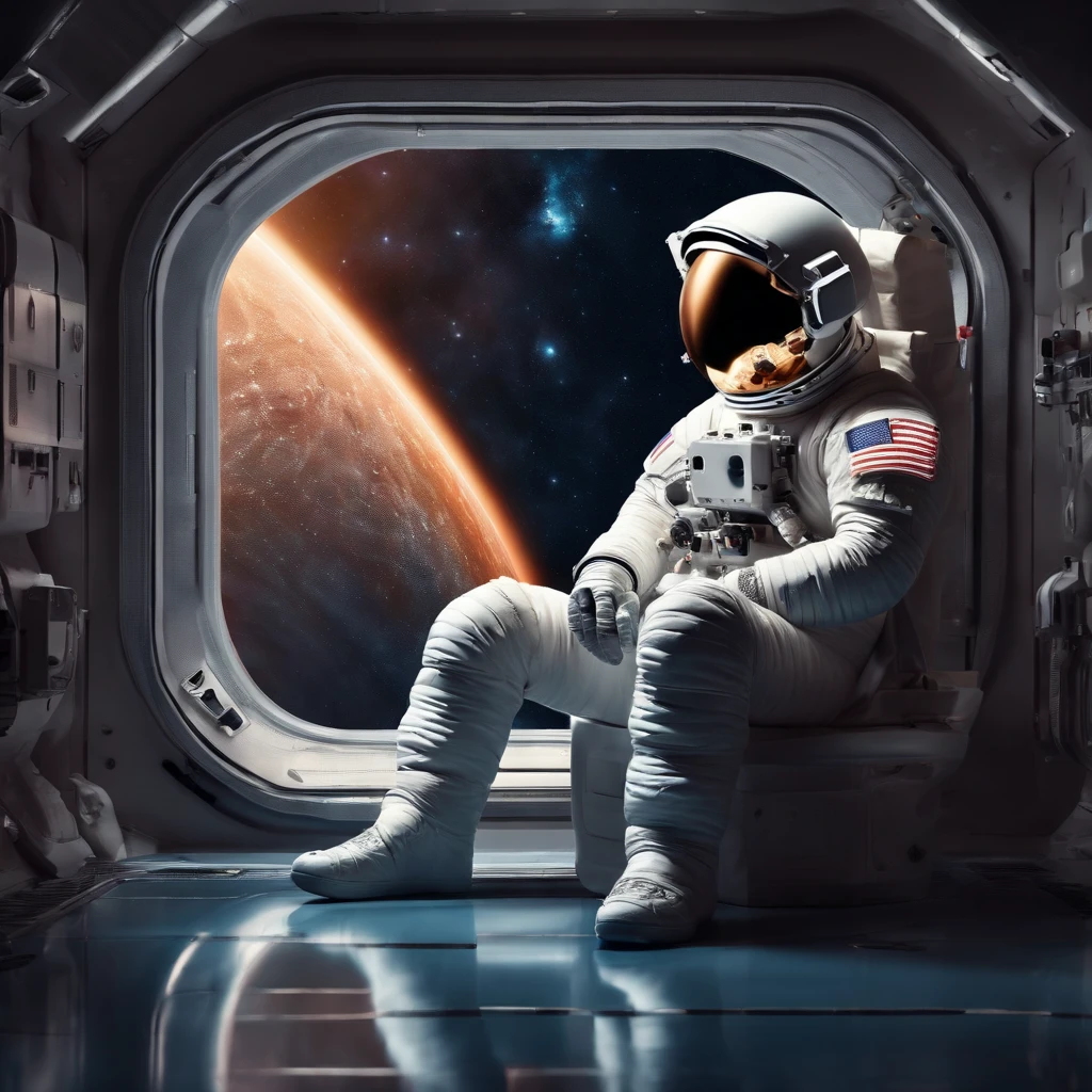 astronaut alone, sad, sitting, with beautiful space background