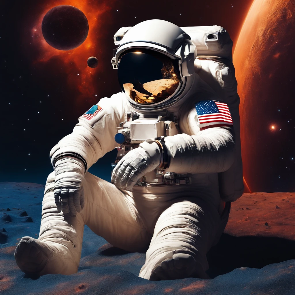 astronaut alone, sad, sitting, with beautiful space background