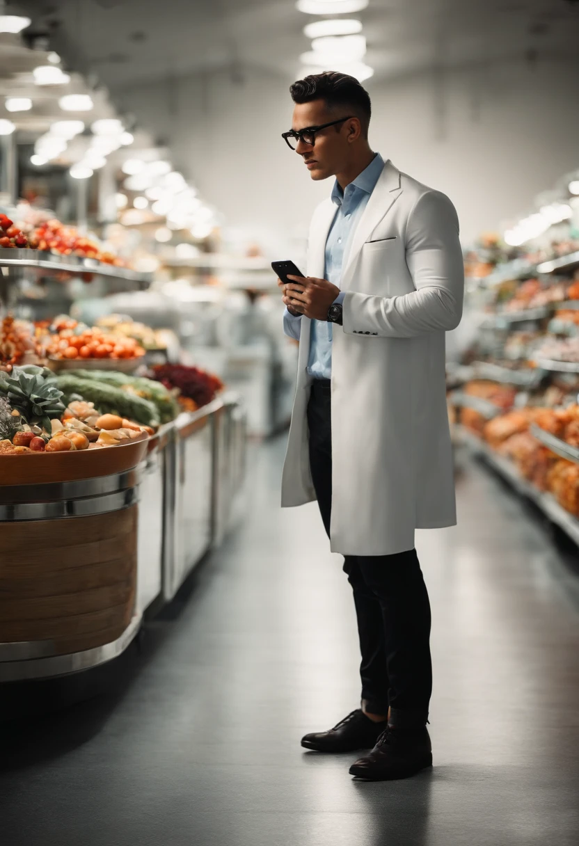 "Por favor, crie uma imagem estilo Pixar Man in white Google shirt with glasses, moreno cabelo crespo preto, mostrando um celular dentro de um loja de roupas