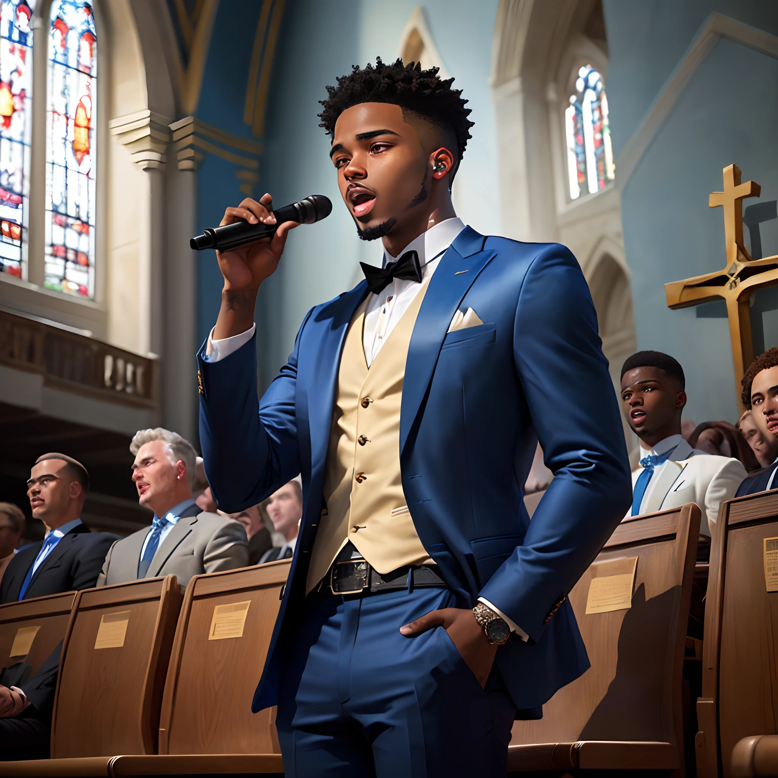 Obra-prima, de melhor qualidade, A 19-year-old black man with black eyes with wedding ring on his left hand of a married man , Short curly hair with microphone in hand singing with a blue suit standing in church blue wall color
