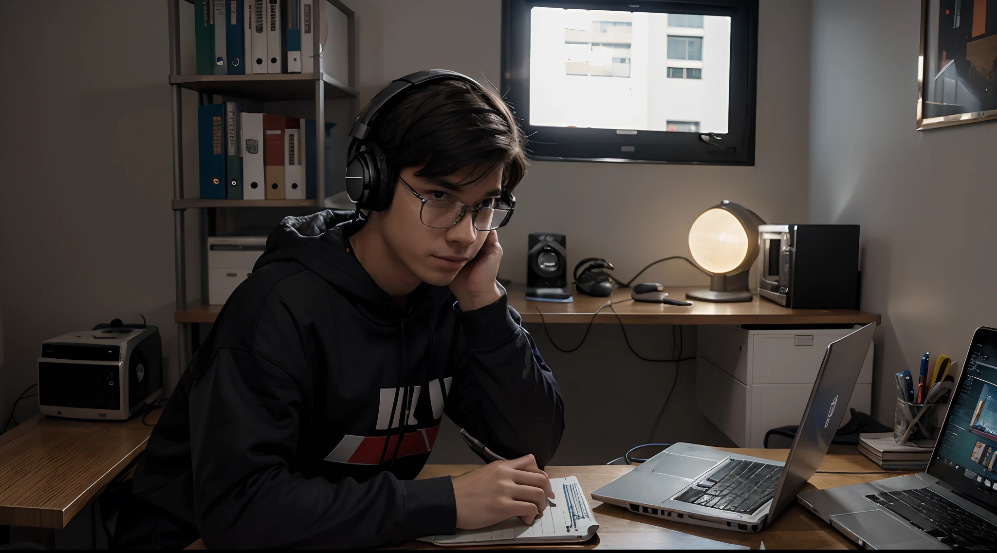 There's a -yeld maith headphones in his room with nerdy decorations, who is typing on a laptop computer, estudando uma mesa, em cima da mesa livros e bloco de notas, quarto de apartamento, uma janela de apartamento com vista para cidade de nova York, Night with building lights on, Reassuring Senário, estilo pixar, View Notebooks, cena noturna, noite escura chuva sobre vidro, rainy scenery, Cozy lighting and shading, Office desk with a laptop inside the bedroom, um homem estudando.