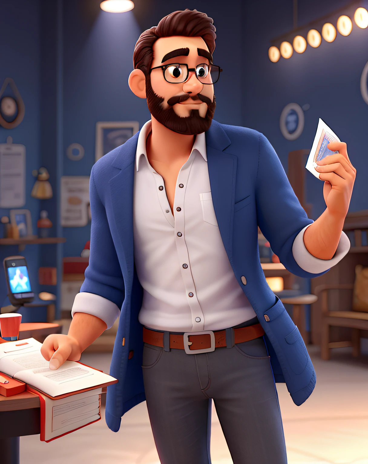 Pode melhorar barba mais rala com uns fios brancos, Make the full body appearing white red shoes. Man stands on black background on a speaker-like stage with microphone in one hand and book in the other in Disney pixar style best quality, maior qualidade.