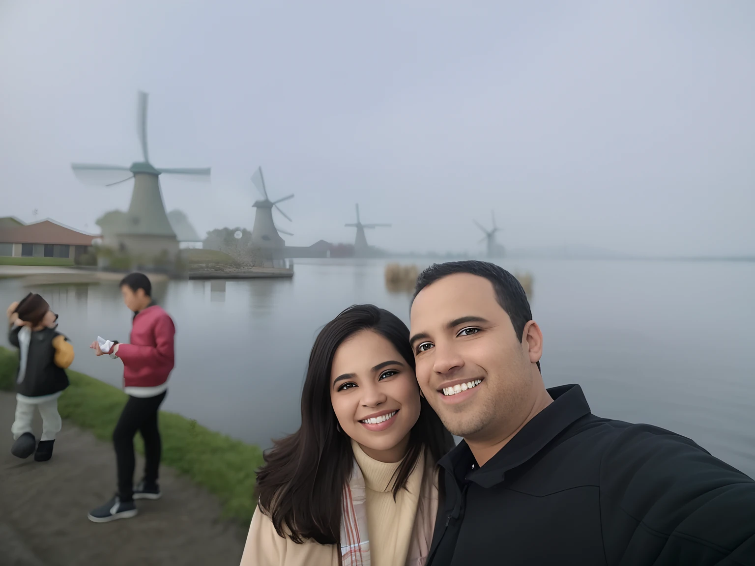 They are posing for a photo at the water's edge with windmills in the background, In the background, Ruins in the background, turistas em segundo plano, com uma cidade em segundo plano, com uma figura ao fundo, cidade em segundo plano, nevoeiro ao fundo, Cidade em segundo plano, apenas neve no fundo, in a scenic background, em um lago nebuloso