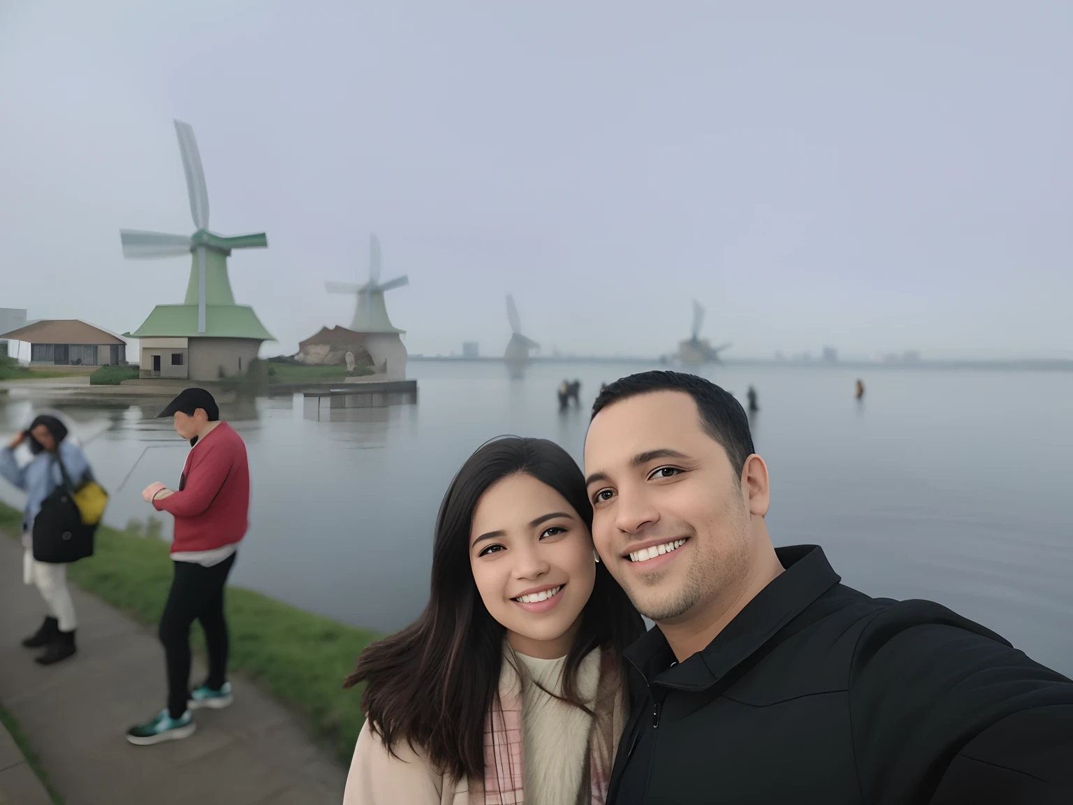 They are posing for a photo at the water's edge with windmills in the background, In the background, Ruins in the background, turistas em segundo plano, com uma cidade em segundo plano, com uma figura ao fundo, cidade em segundo plano, nevoeiro ao fundo, Cidade em segundo plano, apenas neve no fundo, in a scenic background, em um lago nebuloso