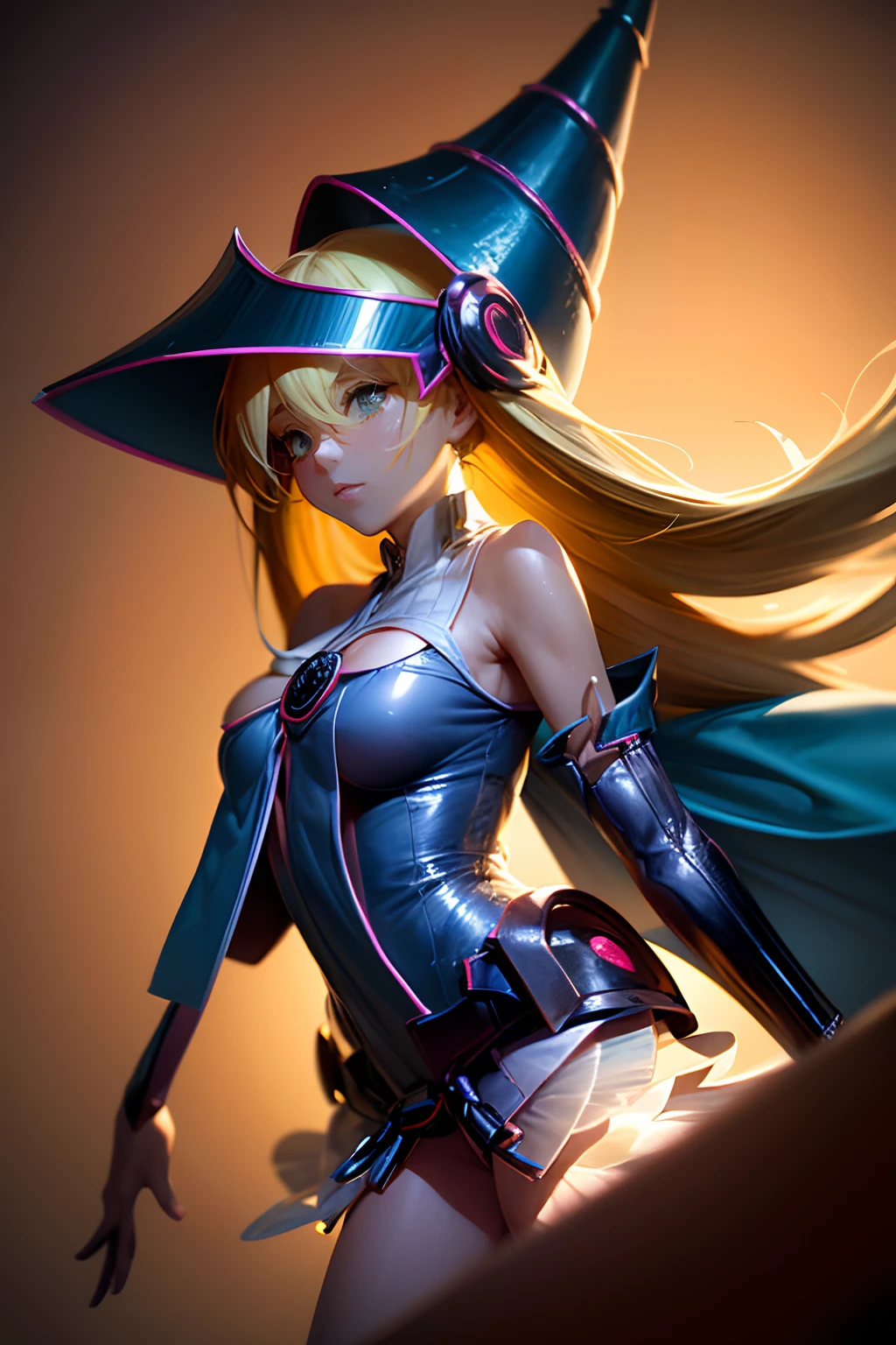 (Obra maestra:1.2), (La mejor calidad:1.2), Perfect lighting, Chica Maga Oscura lanzando un hechizo, flotando en el aire, tetas grandes, escote, blue robe, desde arriba, Destellos, Yugioh Card en el fondo