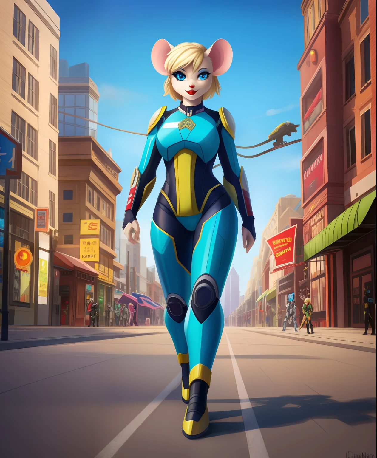 Toronto the female blonde mouse, red lipstick, green metal racers exosuit, blue eyes, blue eyeshadow, walking down