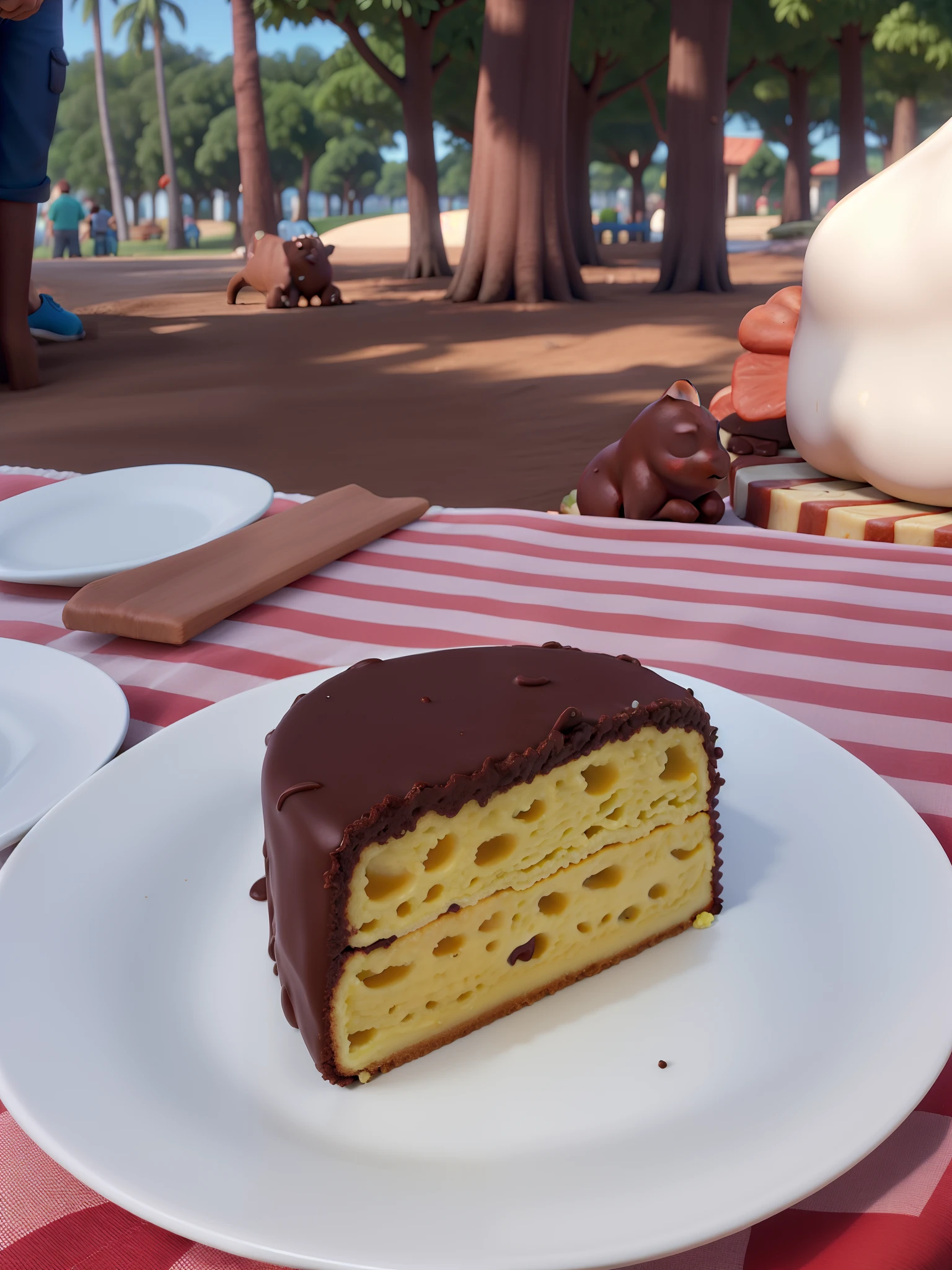 Um bolo de cenoura com chocolate em um piquenique, in great quality and definition in the Disney Pixar style