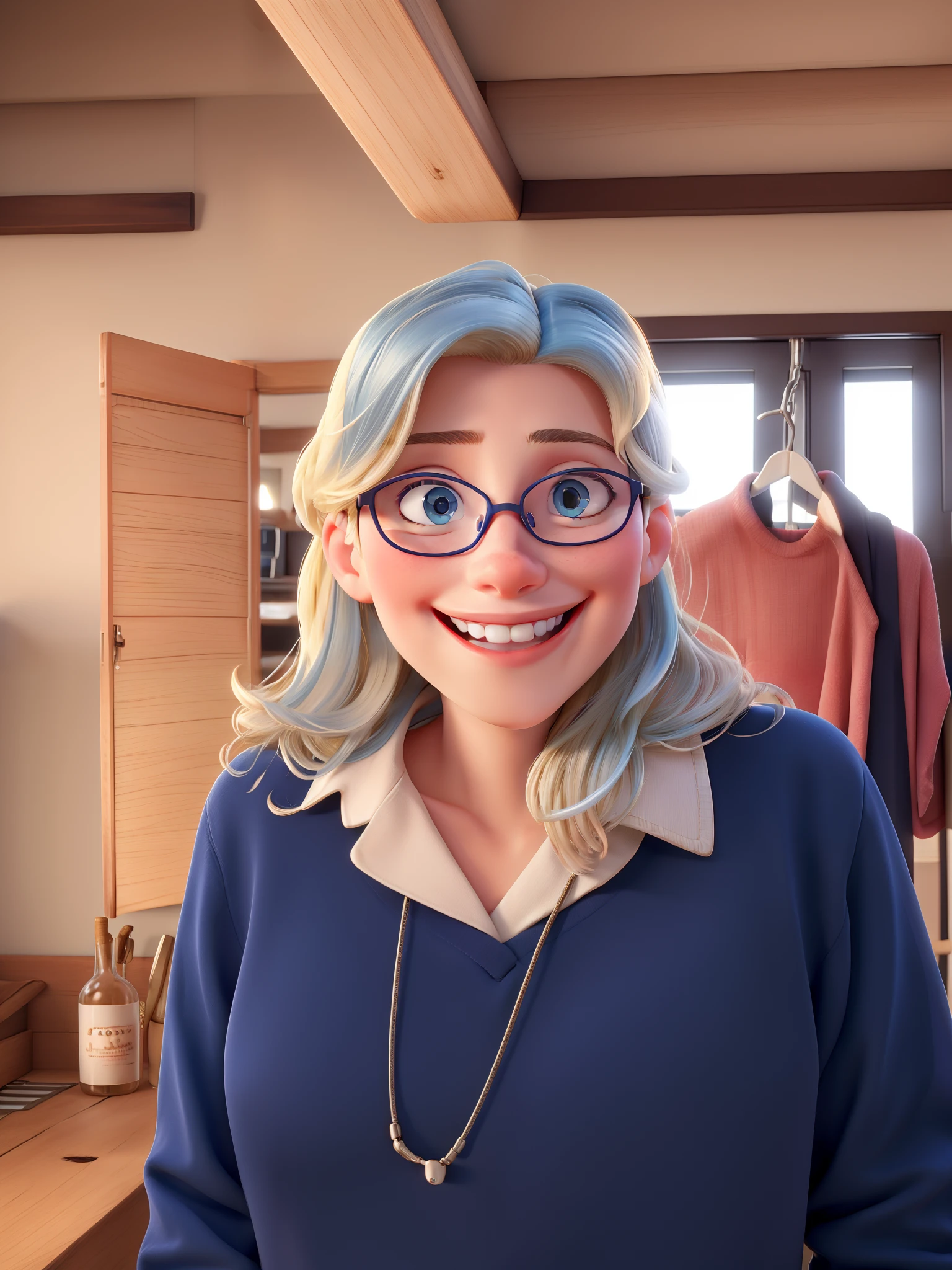 Blonde blue eyes wide smile glasses