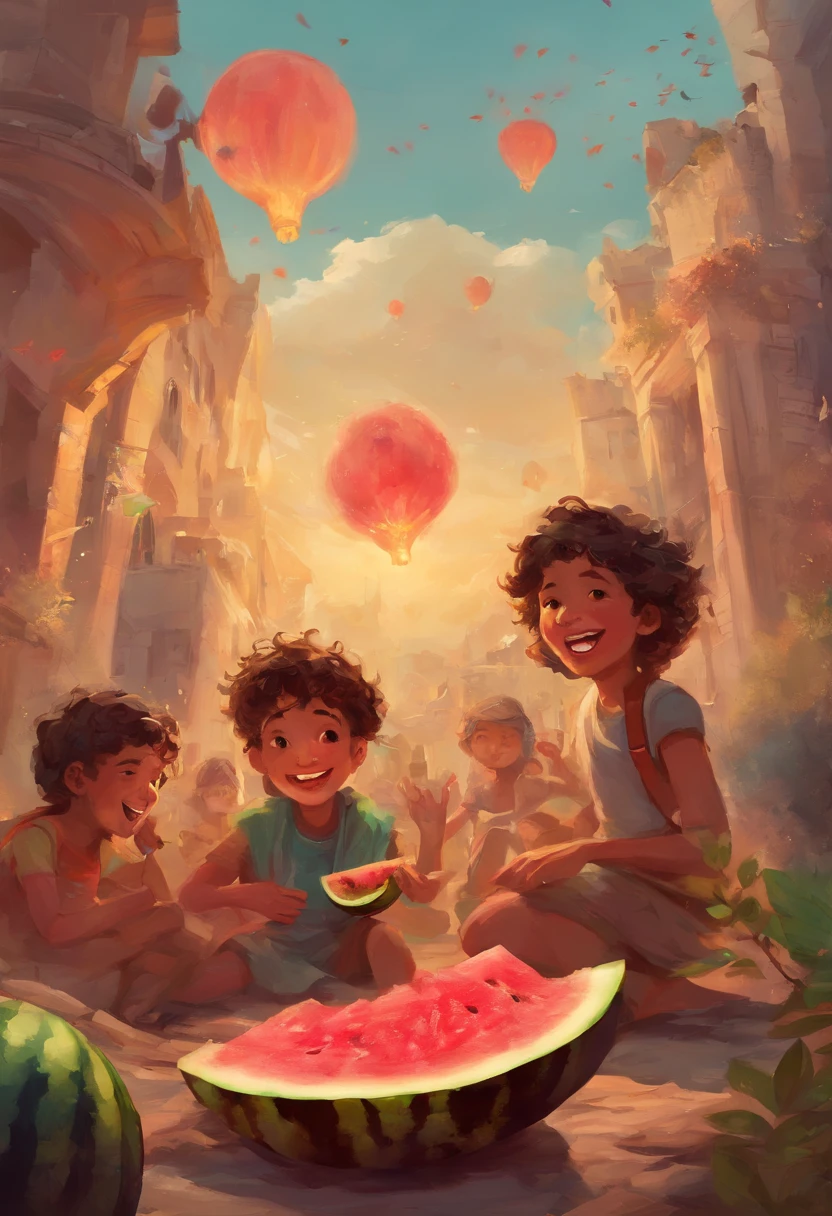 “A picture depicting children in the Middle East, laughing and joking together while enjoying slices of fresh watermelon. They appear cheerful, holding and eating the watermelon slices with their hands. In the background, there is the chaos of war, evident from the rubble of buildings and the smoke engulfing the sky. The children seem undisturbed by the situation, instead, they seem to be relishing the small moment amidst the crisis that has befallen their country.”
