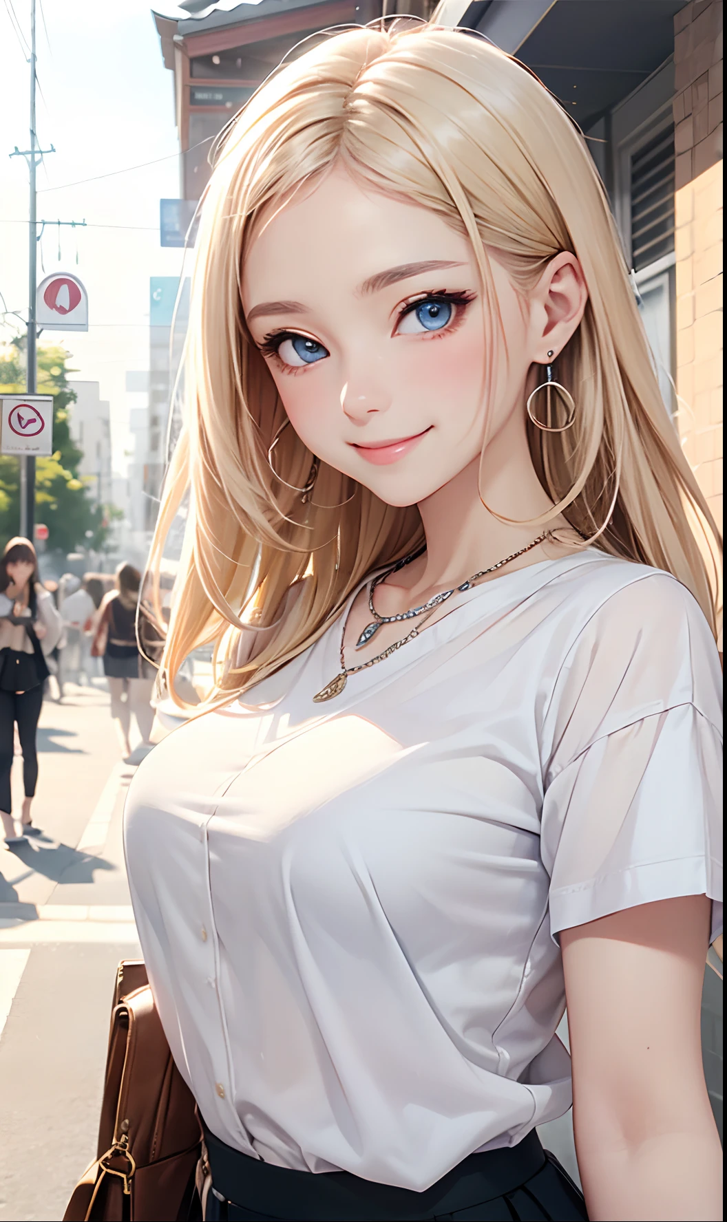 absurderes, (masuter piece:1.3)ultra-detailliert,bright colour, extremely beautiful detailed anime face and eyes, (独奏:1.6), Smooth straight blonde hair, Shiny hair, Delicate beautiful face, red blush,(Deep Blue Eyes:1.3 ) White skin, hair clips, earrings, a necklace,(Agnes B-Shirt:1.3),(Barbary skirt:1.3) (nightcity:1.3),Bustling street、(Nitanita Smile:1.5)、Upper body