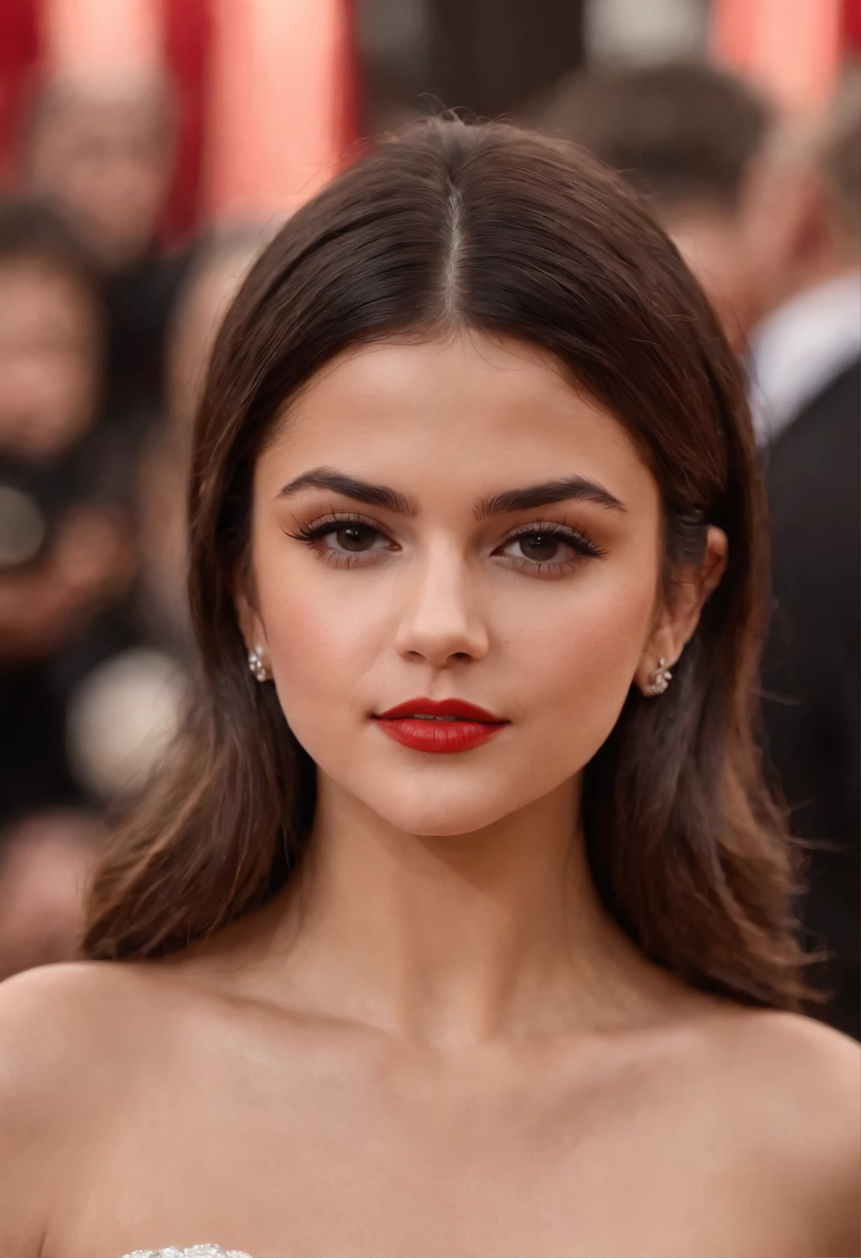 (Head+shape Selena Gomez) , (Eyes Kendall Jenner) , (Hair Victoria Justice+((short)+(straight)) , (Cheeks Ana de Armas+(dimples)) , (Mouth+Lips Eva Longoria+(((red)) +lips)) , (Nose Andrea Duro) , (Jaw Jenna Coleman), most beautiful woman, flirting, beautiful, ((front+portrait)) ((looking into camera)), wearing strapless ((white)) dress, actress at the red carpet