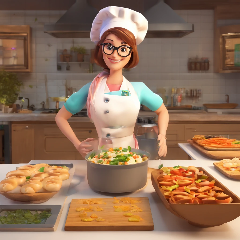 Crie uma cena de desenho animado estilo 3d -Pixar, Onde uma mulher, de cabelos lisos castanhos com 50 anos de idade, black square glasses, cozinhando saladas , legumes She's cooking dressed as a pastry chef.