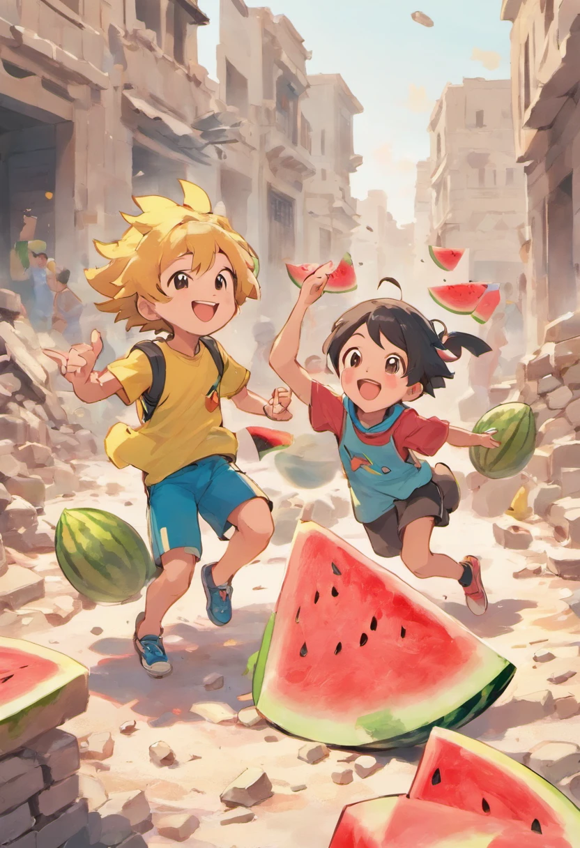 “A picture depicting children in the Middle East, laughing and joking together while enjoying slices of fresh watermelon. They appear cheerful, holding and eating the watermelon slices with their hands. In the background, there is the chaos of war, evident from the rubble of buildings and the smoke engulfing the sky. The children seem undisturbed by the situation, instead, they seem to be relishing the small moment amidst the crisis that has befallen their country.”