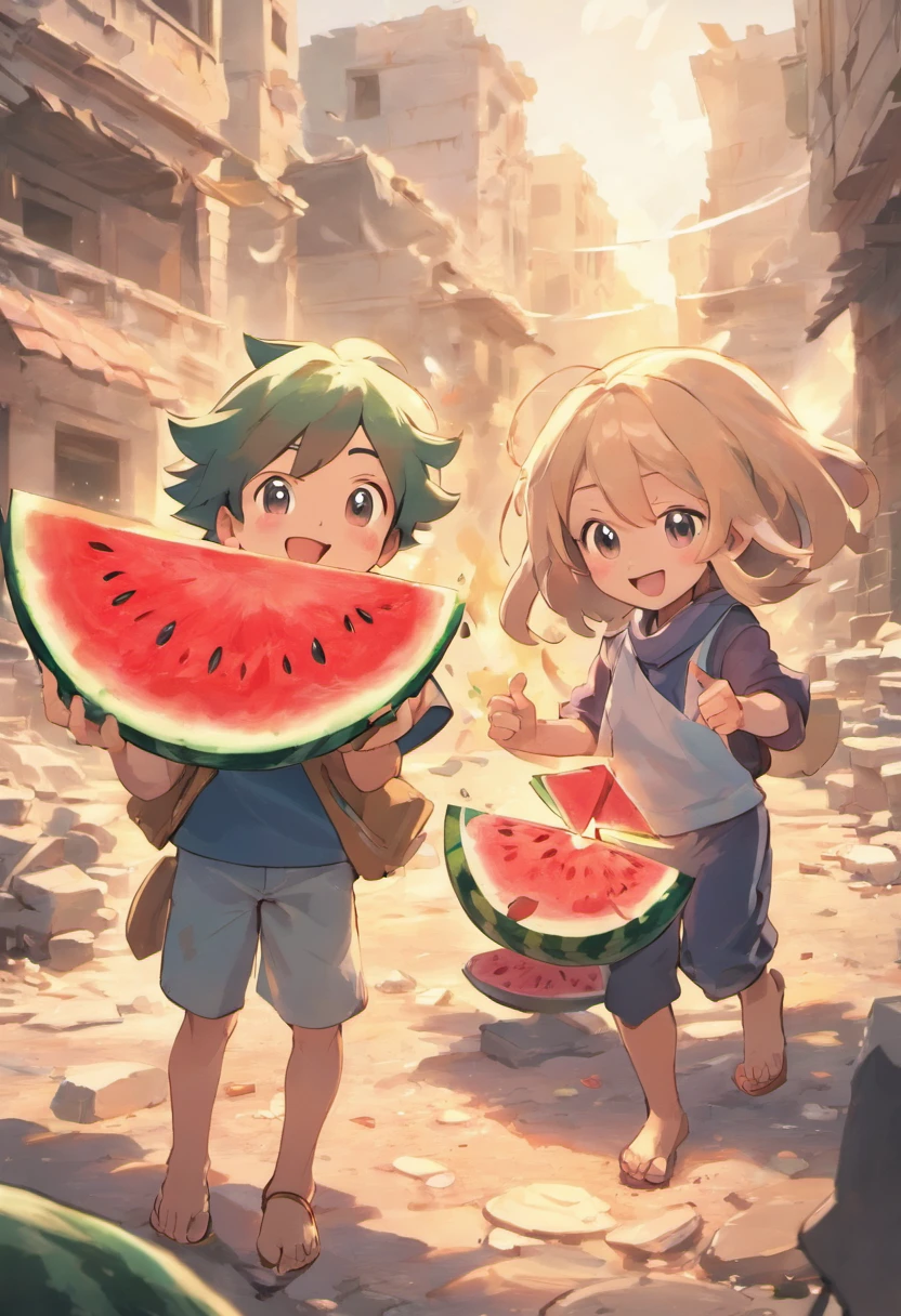 “A picture depicting children in the Middle East, laughing and joking together while enjoying slices of fresh watermelon. They appear cheerful, holding and eating the watermelon slices with their hands. In the background, there is the chaos of war, evident from the rubble of buildings and the smoke engulfing the sky. The children seem undisturbed by the situation, instead, they seem to be relishing the small moment amidst the crisis that has befallen their country.”