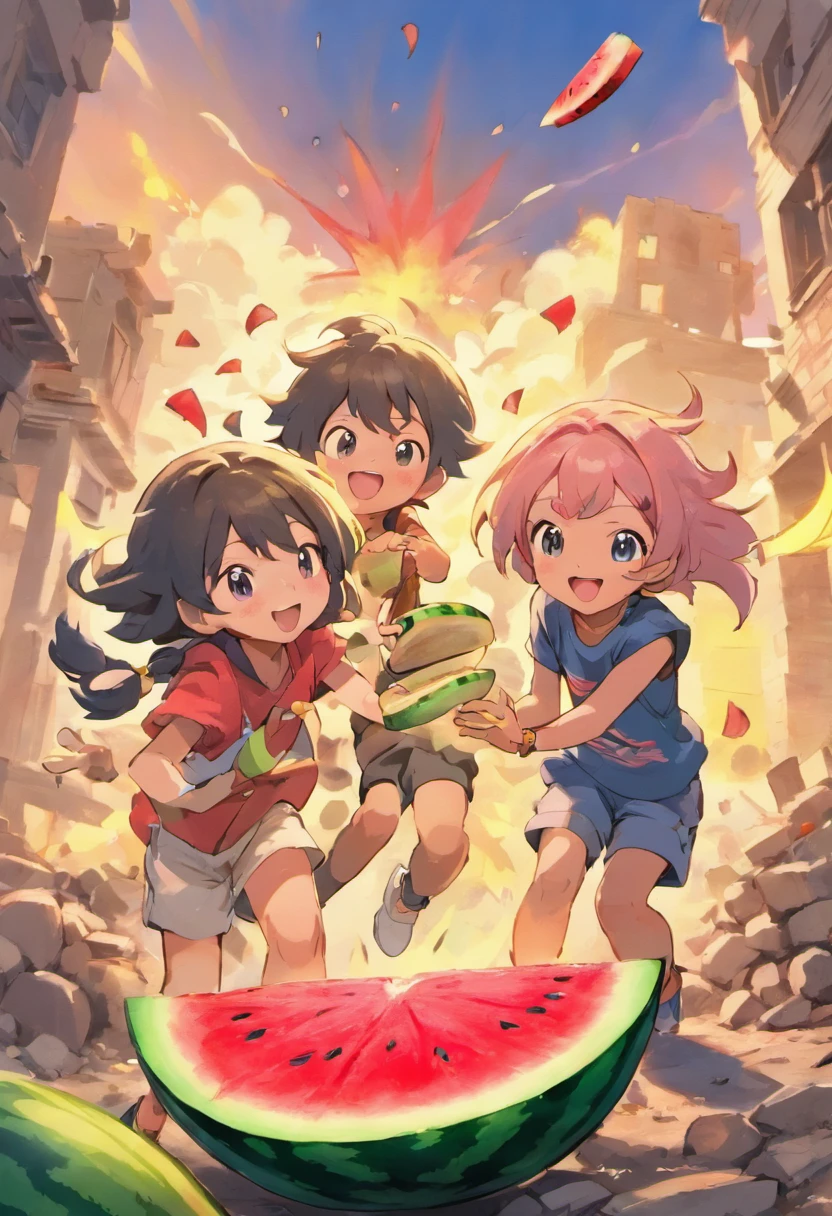 “A picture depicting children in the Middle East, laughing and joking together while enjoying slices of fresh watermelon. They appear cheerful, holding and eating the watermelon slices with their hands. In the background, there is the chaos of war, evident from the rubble of buildings and the smoke engulfing the sky. The children seem undisturbed by the situation, instead, they seem to be relishing the small moment amidst the crisis that has befallen their country.”