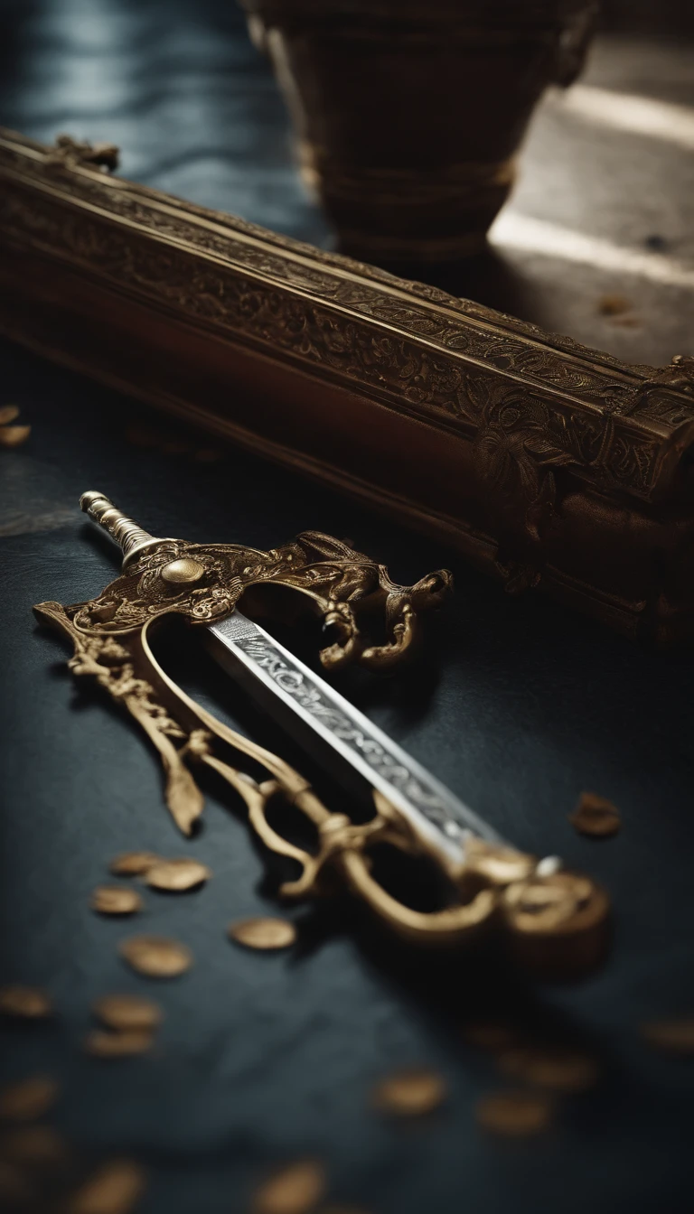 (Destacado、profissional、surreal)、espada detalhada, Espada longa, Duan Ping, metal texture, lying on floor