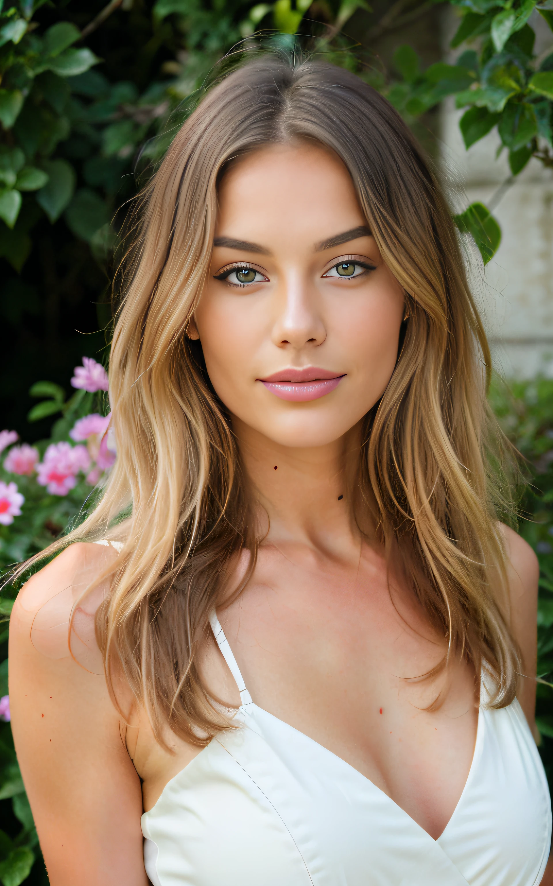 Belle brune portant un pull beige clair (Nail care in the garden), Very detailed, 21 ans, model, Versace sexy dress visage innocent, natural silky white blond wavy hair, yeux bleus, High resolution, Masterpiece, Best quality, Intricate details, highly detailed, mise au point nette, detailed skin, realistic skin texture, texture, detailled eyes, professionnel, 4K, sourire charmant, filmed on Canon, 85 mm, faible profondeur de champ, Couleur Kodak Vision, perfect fit body, Extremely detailed, photographier_\(ultra\), photoreallistic, Realstic, Post-traitement, Maximum details, roughness, real life, ultra realist, photorealism, photographie, 8K UHD, photographie
