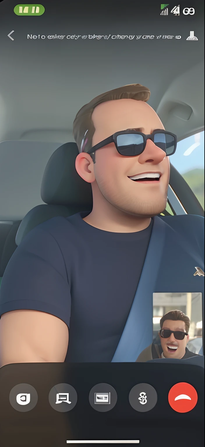Man in sunglasses sitting in a car talking on the phone, carpool karaoke, he is screaming, feliz com a boca aberta, ambos rindo, very funny, muito animado, low quality video, tiktok video, excitado, Filmagens de baixa qualidade, very funny, dirigindo um carro, tela dividida, cuspindo almofadas de sua boca, Atarracado, neckbeard
