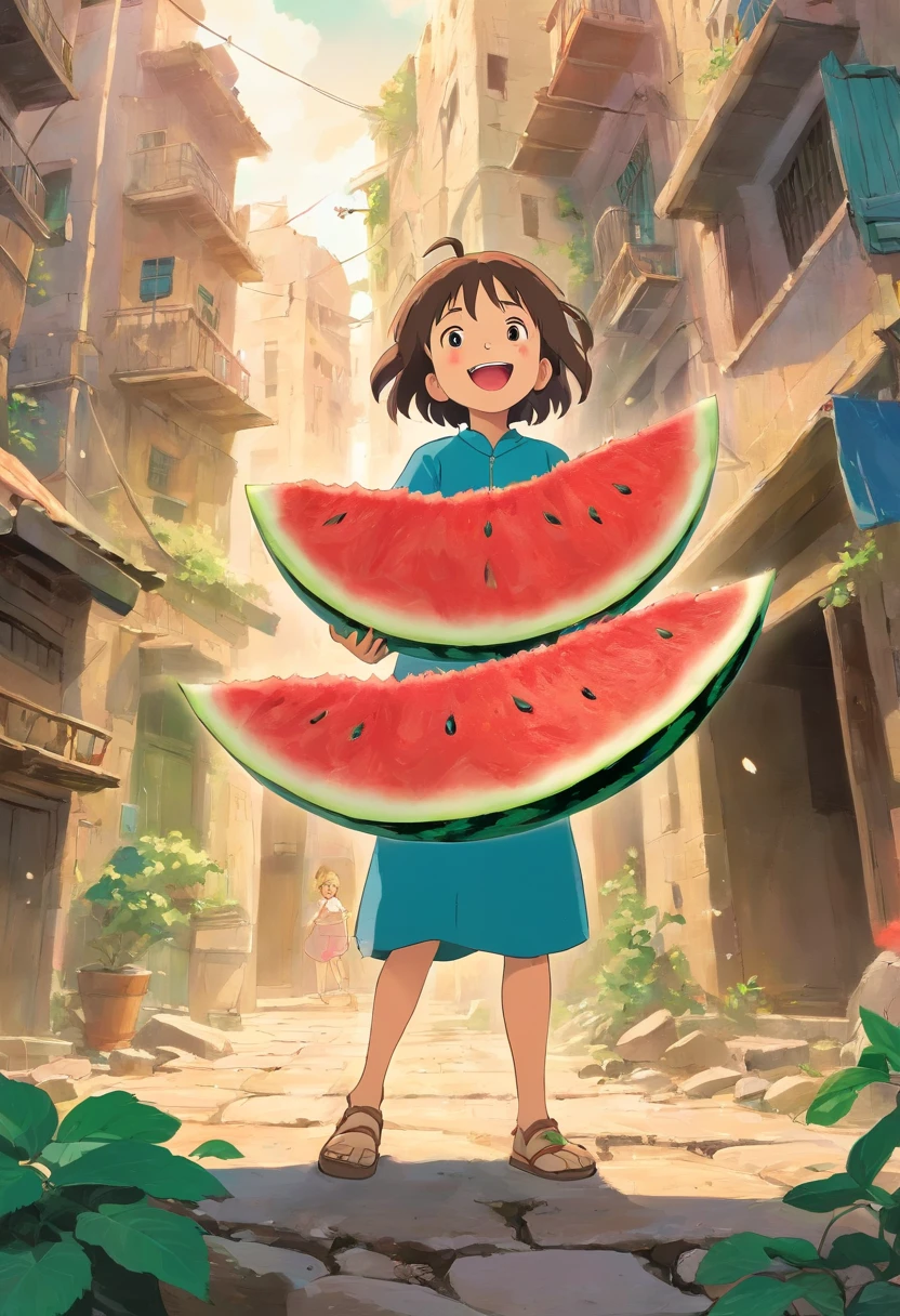 “A picture depicting children in the Middle East, laughing and joking together while enjoying slices of fresh watermelon. They appear cheerful, holding and eating the watermelon slices with their hands. In the background, there is the chaos of war, evident from the rubble of buildings and the smoke engulfing the sky. The children seem undisturbed by the situation, instead, they seem to be relishing the small moment amidst the crisis that has befallen their country.”