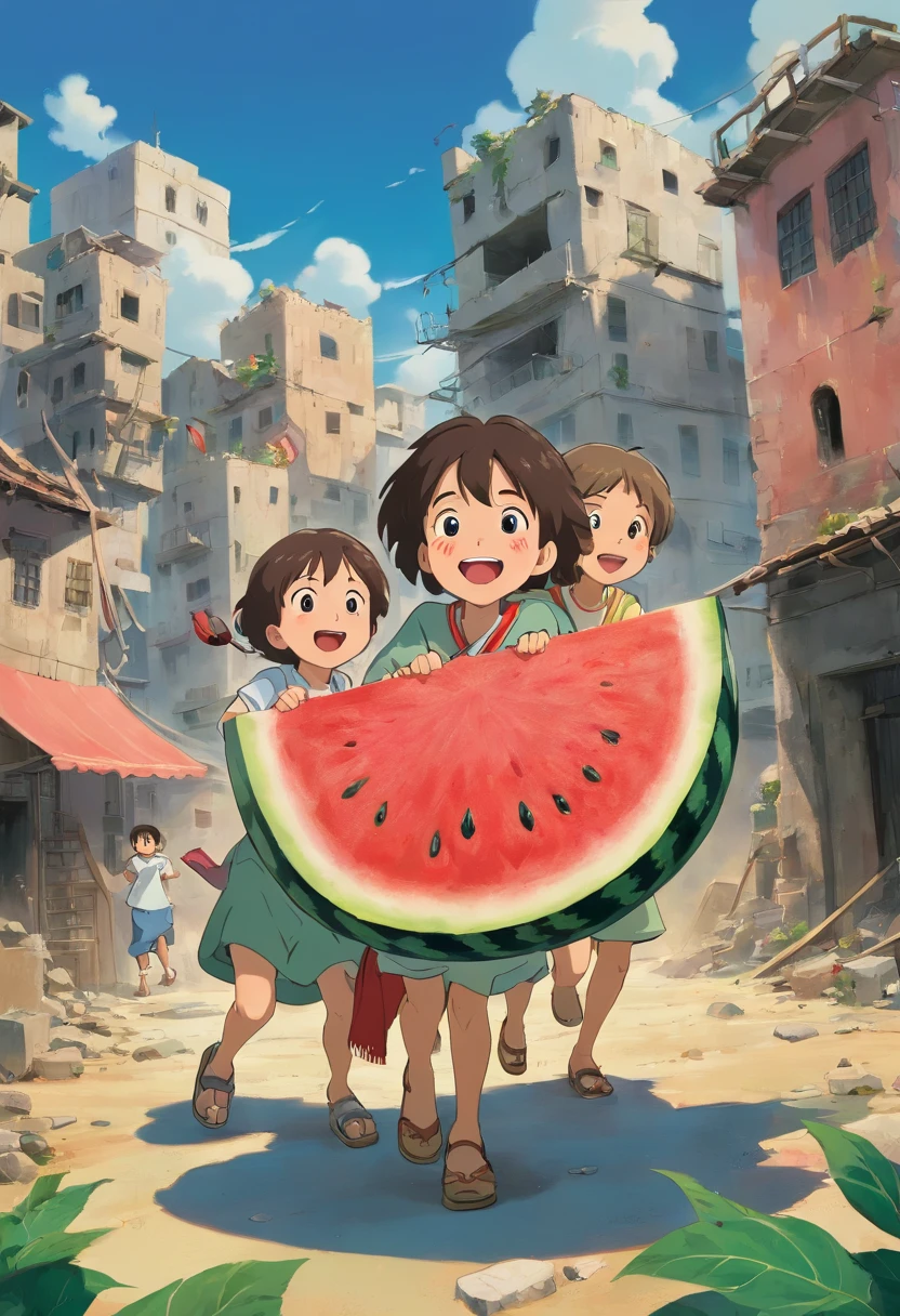 “A picture depicting children in the Middle East, laughing and joking together while enjoying slices of fresh watermelon. They appear cheerful, holding and eating the watermelon slices with their hands. In the background, there is the chaos of war, evident from the rubble of buildings and the smoke engulfing the sky. The children seem undisturbed by the situation, instead, they seem to be relishing the small moment amidst the crisis that has befallen their country.”