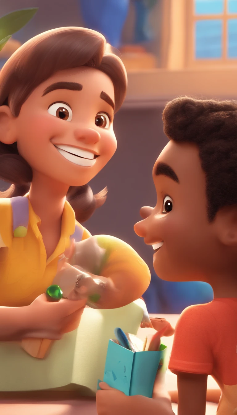 An illustration of an adorable couple, Spotlight on a smiling slim brunette man and a brown woman with beautiful expressive eyes - the man's skin is brown and the man's hair is low, while the woman's skin is brown and the woman's hair is short and brown. The little boy plays with a little train. They are a bright room, cada um com um sorriso no rosto, e compartilhar um momento especial caracterizado pelo amor, Insights. Illustrate this scene from a perspective where they are facing the camera, Smiling and Showing Your Connection. Desenvolva esta arte em Full HD, Focus on your cinematic touch, Estilo Disney Pixar Animations