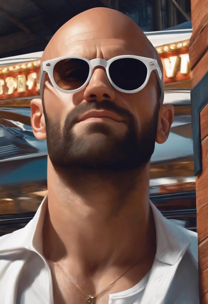 "Por favor, crie uma imagem estilo Pixar Man in white Google shirt with glasses, moreno careca tipo Jason Statham ator de hollywood, mostrando um celular dentro de um loja de roupas