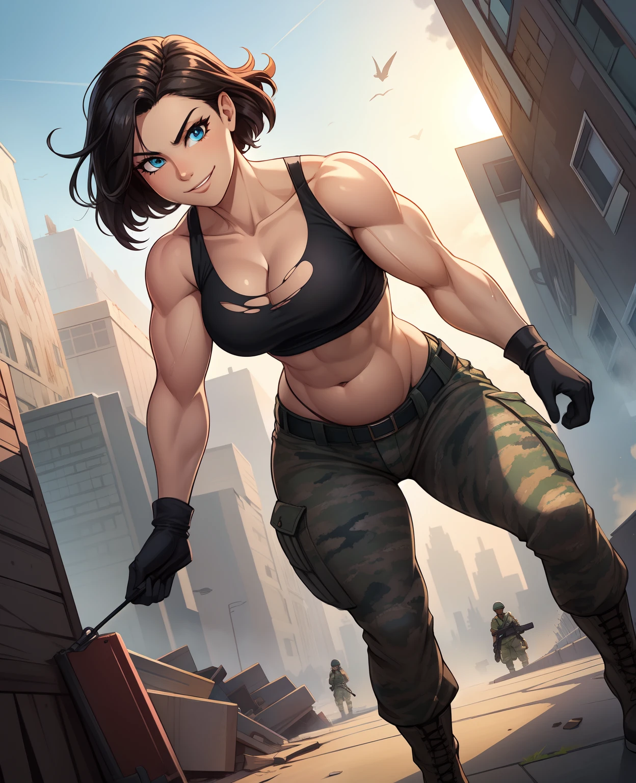 1girl, solo, Full body, 24 year old, Filipino Woman, tan skin, short black hair, wearing marine corps uniform, athletic body, strong muscles, military girl, soldier girl, infantry girl, camouflage uniform, torn tank top, belly button, gloves, torn military pants, small, cleavage, confident smirk, fierce expression, full body, perspective composition, exaggerated composition, perfect composition, perfect eyes, large perspective, dynamic composition, background is ruined city, portrait, (mature female),(shiny skin),(looking at viewer),