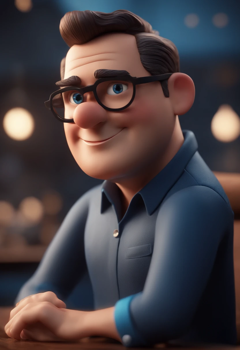 Cartoon character of a man with black glasses and a blue shirt, animation character, Caractere estilizado, animation style rendering, 3D estilizado, Arnold Maya render, 3 d render stylized, toon render keyshot, Personagem 3D, Personagem 3D, 3d rendering stylized, 3 d character render, personagem de desenho animado, Personagem de close up, Pose de personagem, (Estilo Pixar) (master part:1.2) (Bokeh) (best quality) (pele detalhada) (textura detalhada) (8k) (argila) (Cinematic lighting) (foco nítido