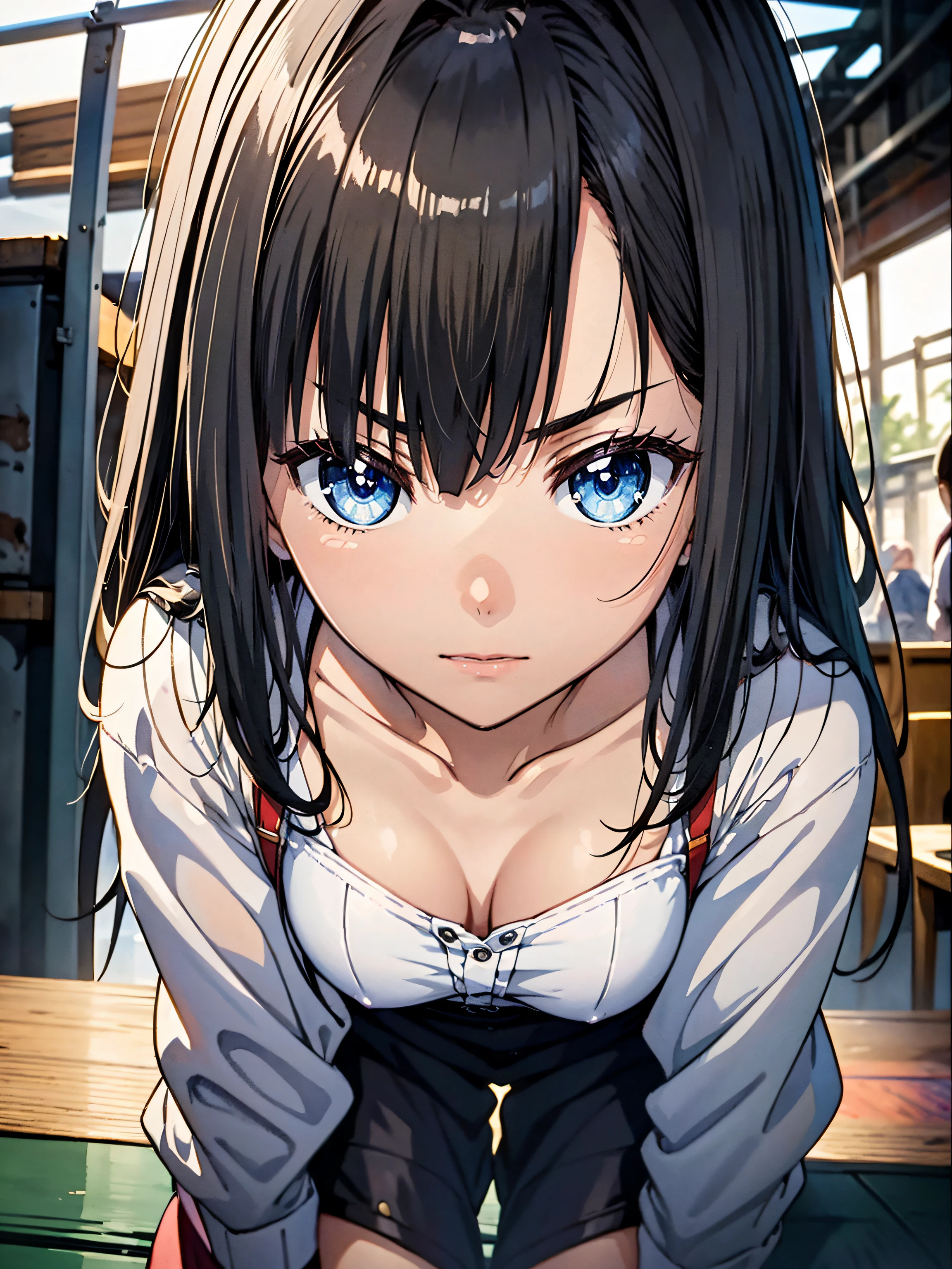 ((student clothes:1.3)),hiquality, hight resolution, ultra-detailliert, high-level image quality, hightquality, anime illustrated, (finely detailed beautiful eye: 1.2), Detailed eye depiction, (finely detailed  eyes and detailed face:1.3), (extremely details CG, Best Shadow:1.1), Depth of field and blur, (Perfect Detail: 1.1) , digitial illustration, Enamel Art, Center, Watercolor painting, art  stations, concept-art, character sheets, Lightning Wave, beautiful anime watercolors, Vibrant colors, Sharp Focus, art by:hyung tae kim, Fine detail, intricate detailes, Curvaceous body, Detailed eye depiction, Vibrant colors,((Nervous look before riding a roller coaster, Trembling legs))