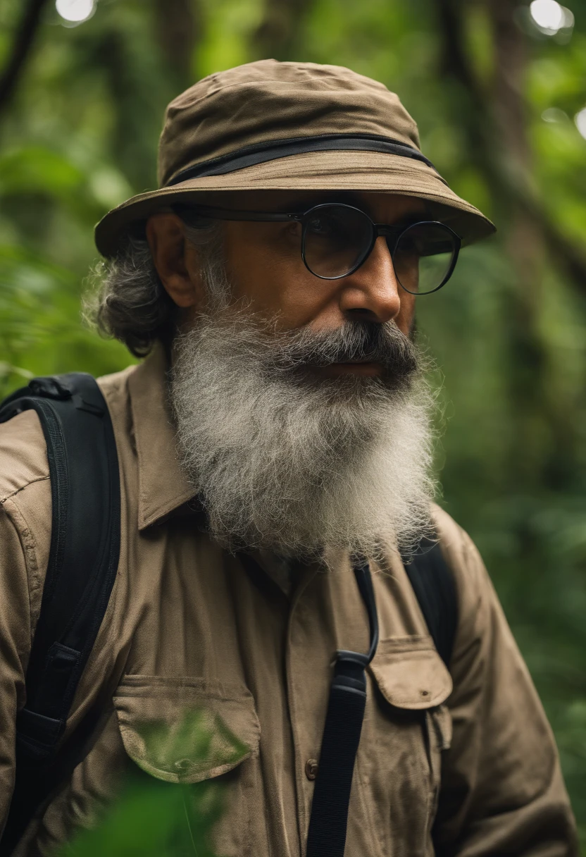 homem 55 anos roupa camuflada fotografando passarinho na floresta, camera zoom lens, bonnet, eyeglass, barba grisalia, cabelo curto