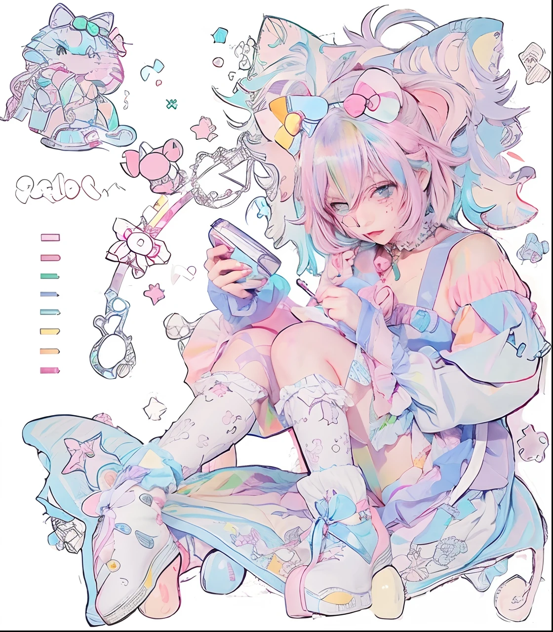 neco arc character mix , Vampire, in a rainbow palette of pastel colors, and Hello Kitty