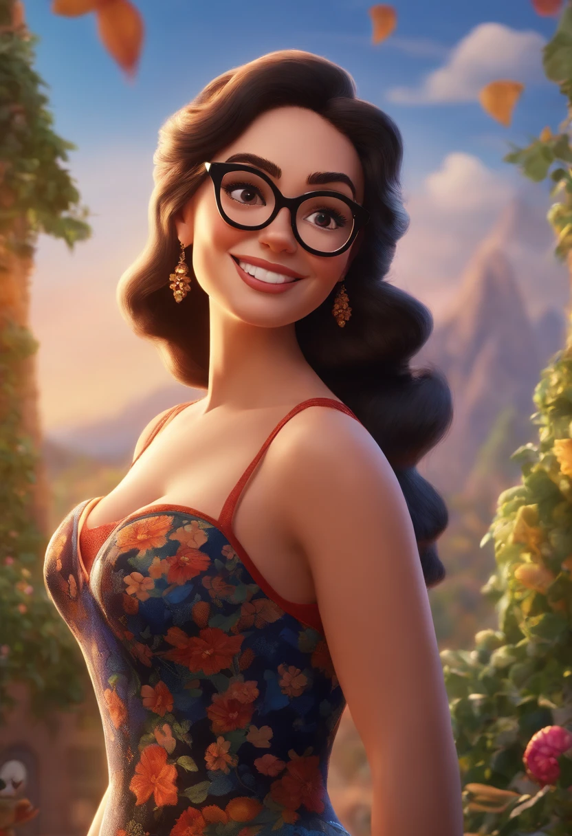 (Disney Pixar style film poster, 8k, high resolution, digital art,) digital art, Smiling WHITE woman in colorful dress, cute woman, (hot woman, cute), 8k image, photo of a WHITE woman, STRAIGHT BLACK hair, LONG hair, 40 year old woman, Disney Princess character of a woman with LONG, STRAIGHT hair with golden highlights, HOT body, looking forward, facing the camera, characters, woman IN BLACK SQUARE GLASSES, beautiful digital illustration, in digital illustration style, character design portrait, (1pixar style, Disney style, digital art)