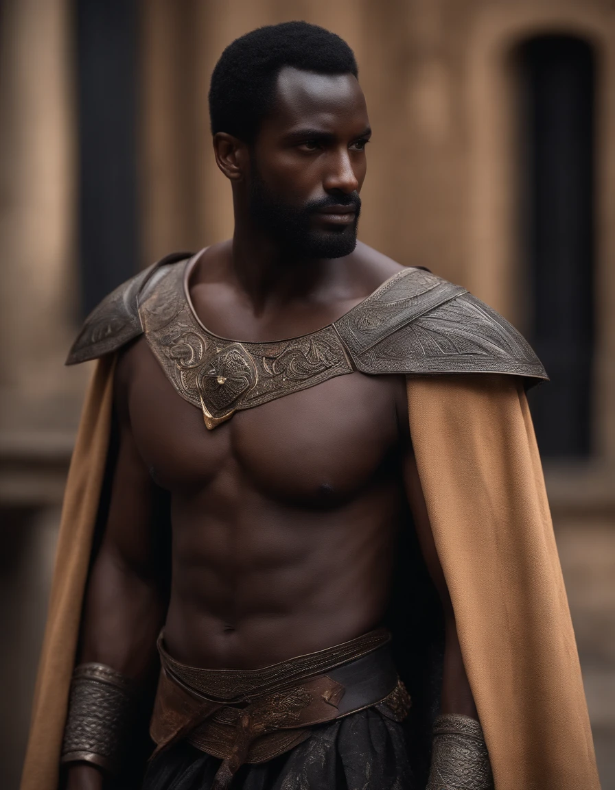 Dark-skinned man, Regard fort et expressif, arched eyebrows, Porter un haut-de-forme noir, Longs favoris, barbiche triangulaire, Porter une cape noire, torse nu, tenant un trident, Ultra detailded, ultra realist, 8k