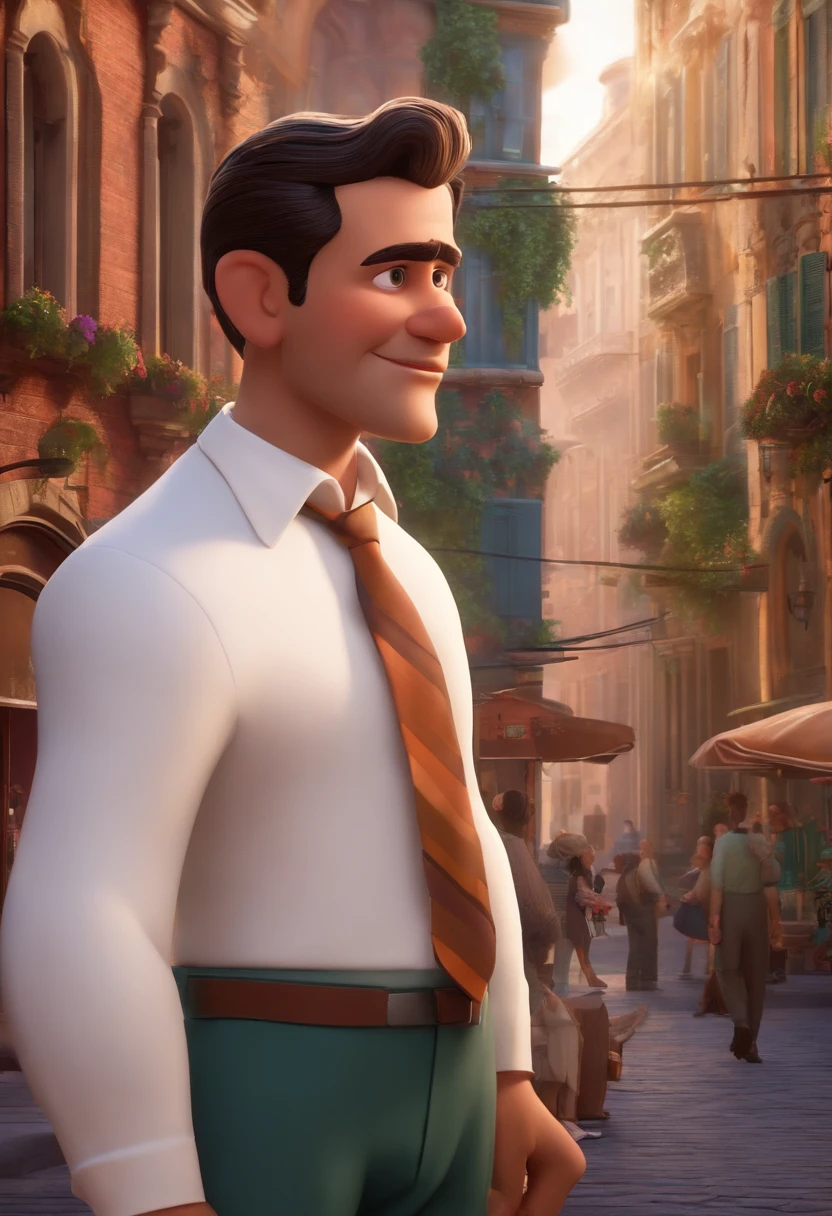 A city councilman looking at a dream project inspired by Pixar animation, de perto. The character takes center stage with captivating facial expressions, oferecendo um toque de irrealidade