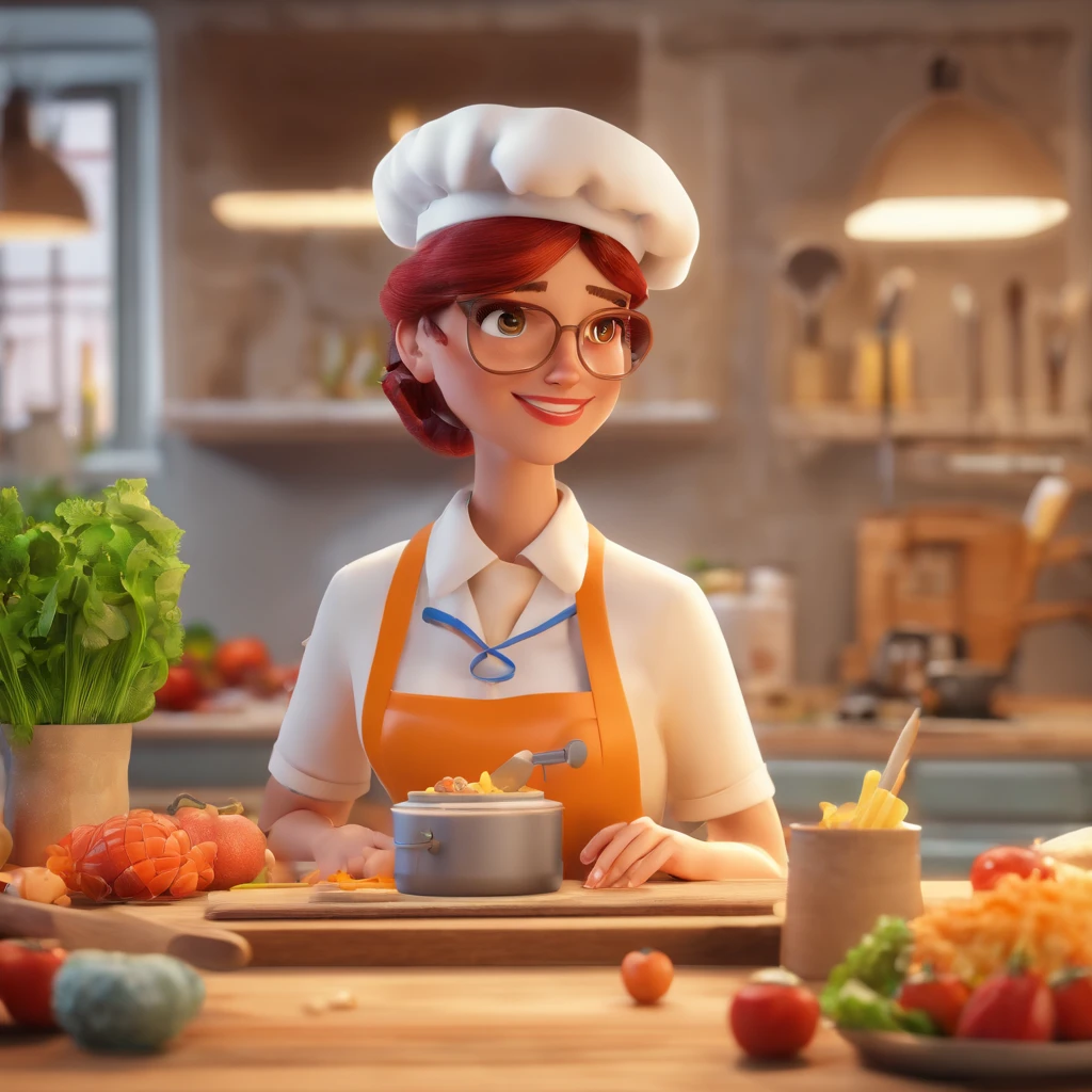 Crie uma cena de desenho animado estilo 3d -Pixar, Onde uma mulher, de cabelos lisos castanhos escuro 50 anos de idade, Making Healthy Lunchboxes .She's cooking dressed as a pastry chef.