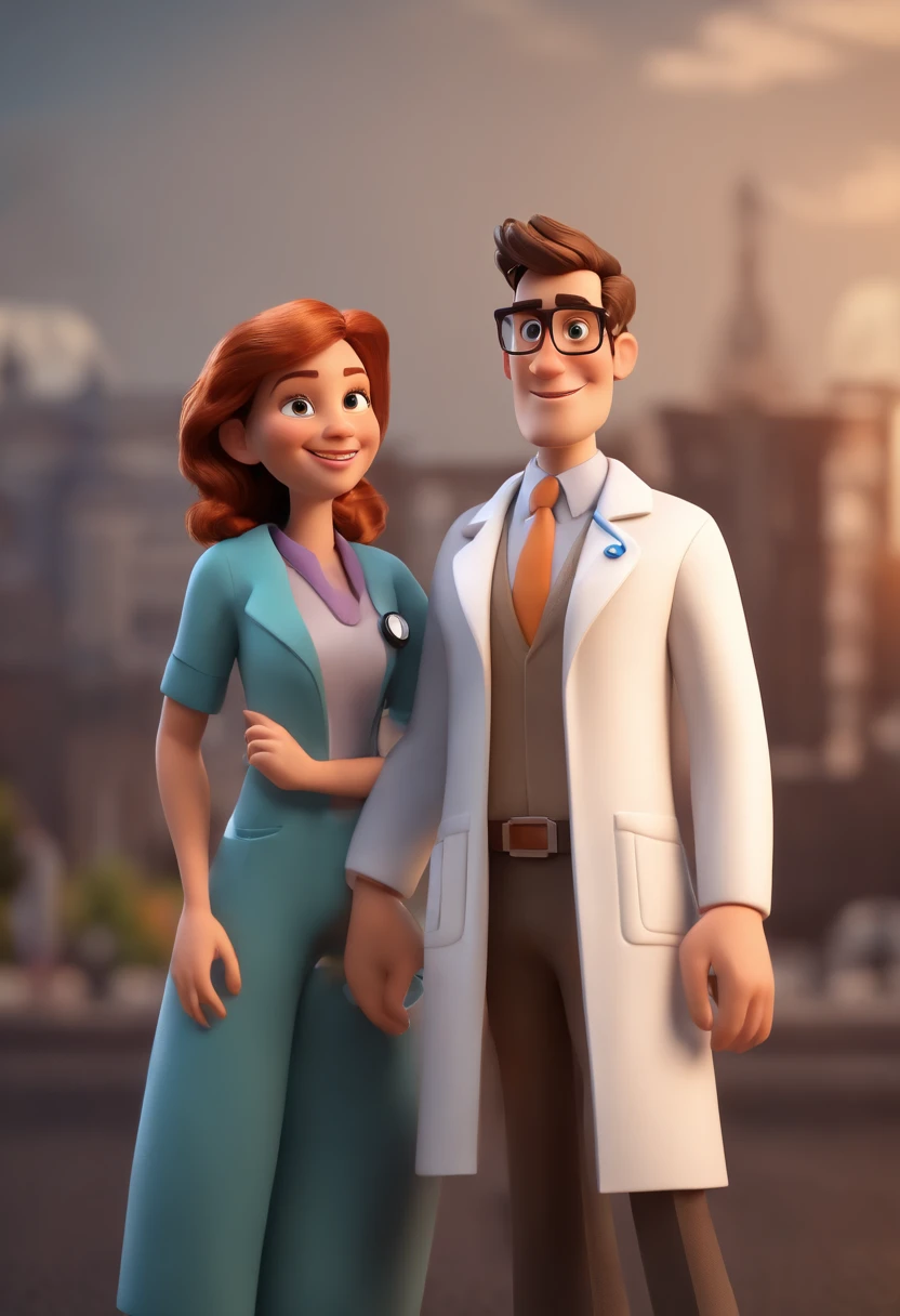 Cartoon character of a doctor man and a doctor woman wearing lab coat and stethoscope , um personagem animado, Caractere estilizado, animation style rendering, 3D estilizado, , 3 d render stylized, toon render keyshot, Personagem 3D, Personagem 3D, 3d rendering stylized, 3 d character render, personagem de desenho animado, Personagem de close up, Pose de personagem, (Estilo Pixar) (Bokeh) (best quality) (pele detalhada) (textura detalhada) (8k) (argila) (Cinematic lighting) (foco nítido，Senta e vaza a parte superior do corpo