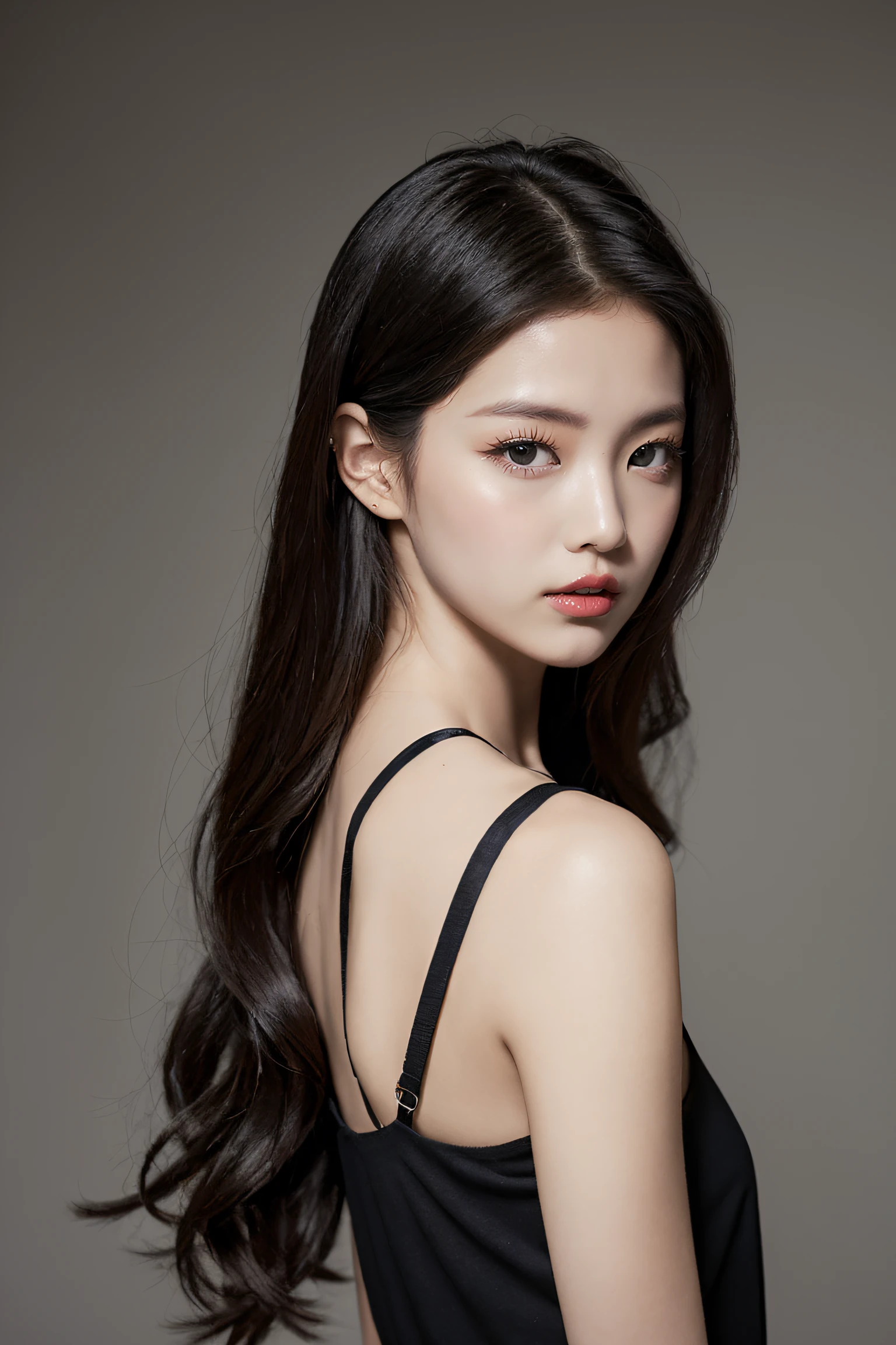 malaysian look alike feature, ((ultra realistic) girl standing wearing a black dress, 8k, 4K, UHD, masterpiece, anatomically correct, high details, high quality, best quality, highres, dashed eyes, wide eyes, aqua eyes