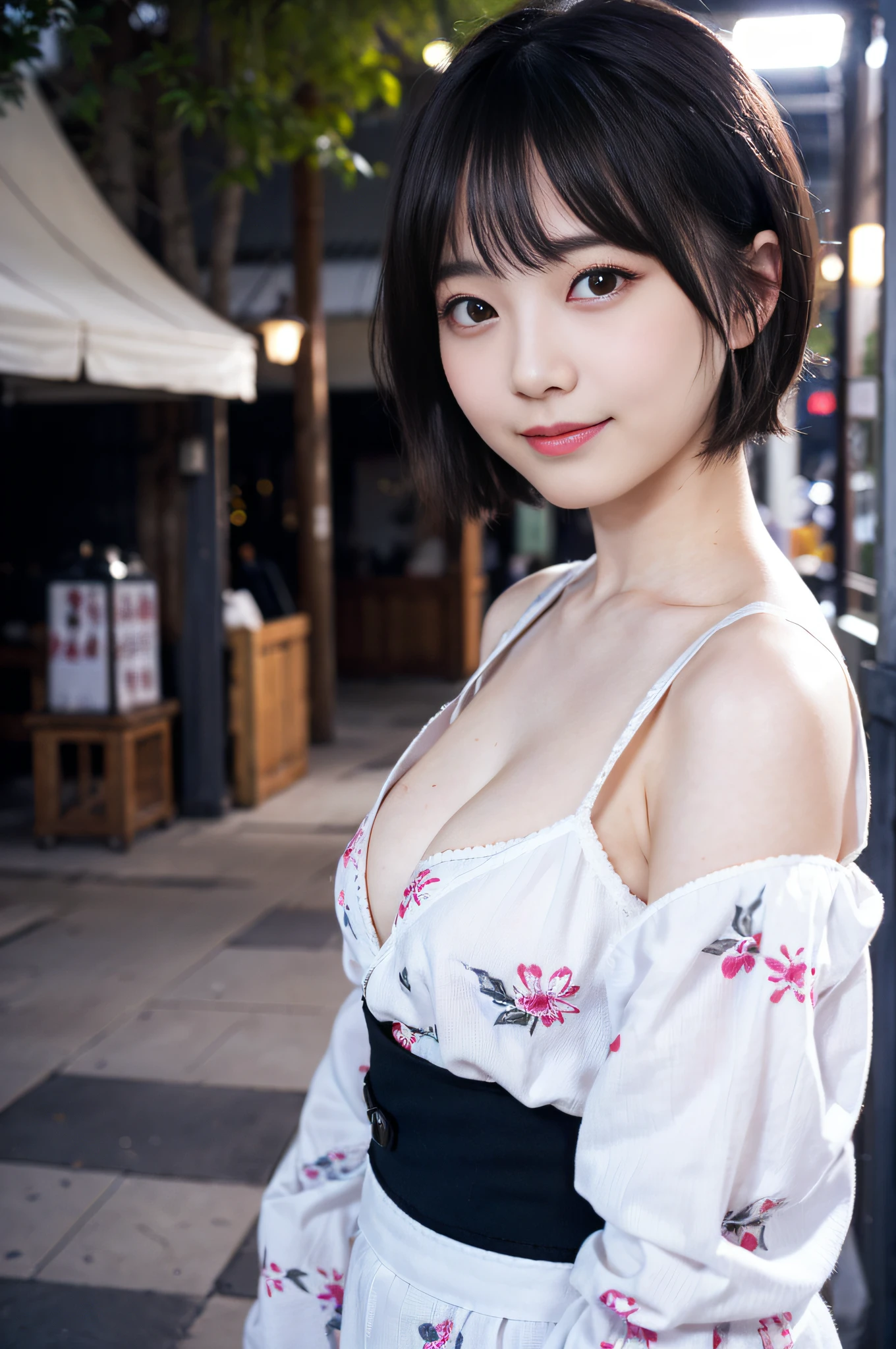 masterpiece、top-quality、超A high resolution、(photographrealistic:1.4)、((1girl in、White fair skin:1.4、age19、spotless、cute little、A dark-haired、bobhair_cut、shorth hair、Normal breasts:1.6))((Casual wear))、(portrait of japanese famous actress)、(A smile、Happiness、Joy、jolly、closes mouth)、、High detailed eyes、long neck、bangss、Lashes、Big eyes、In the street、Sweaters、Casual wear、The shirt、Japan floral yukata、matsuri