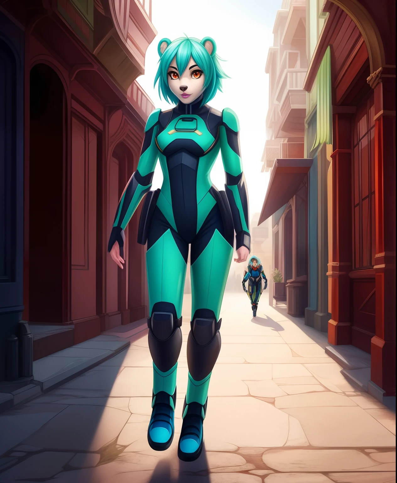 Fiona Hall the female bear, cyan hair, light pink lipstick, green metal racers exosuit, orange eyes, walking down
