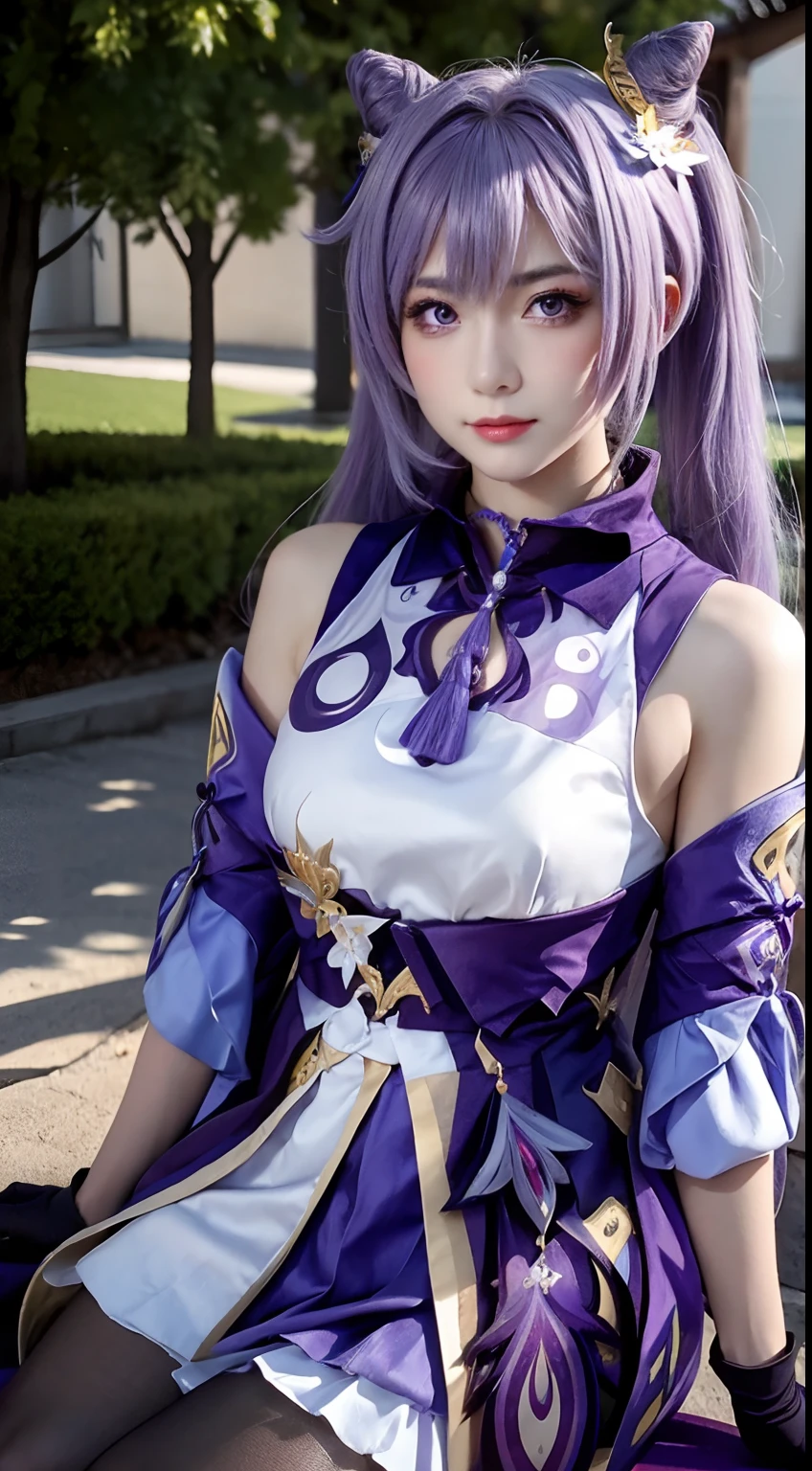 Masterpiece, Best Quality, Detail, Depth of field, ultra-realistic, realistic face and eyes, realistic skin texture, Cinematic lighting, eyes, To see your audience. 1 girl, 独奏, (frown, closed mouth), keqing_\(genshin_stroke\), Purple_eyes, purple hair, Double Ponytail, sharp eyes, serious face, gloves, black stockings, En plein air, purple lightning, Fileg, lightning glowing sword, purple lightning, upper-body, cute makeup, beatiful face, European appearance