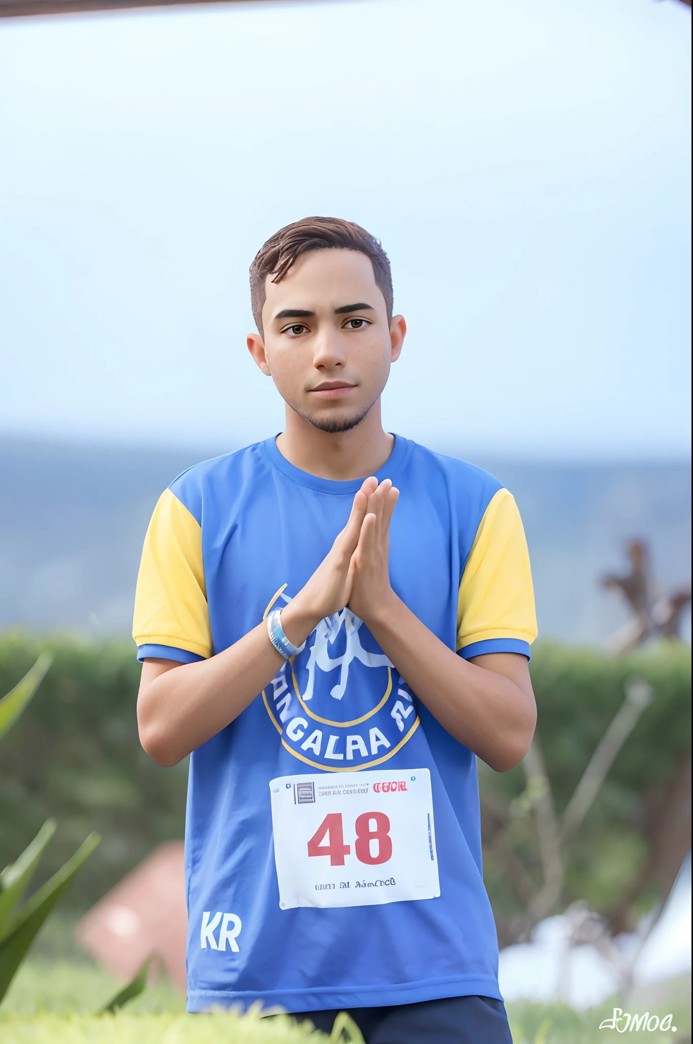 A imagem mostra um menino sentado em um banco de madeira, which is located near a fence. Boy is wearing u