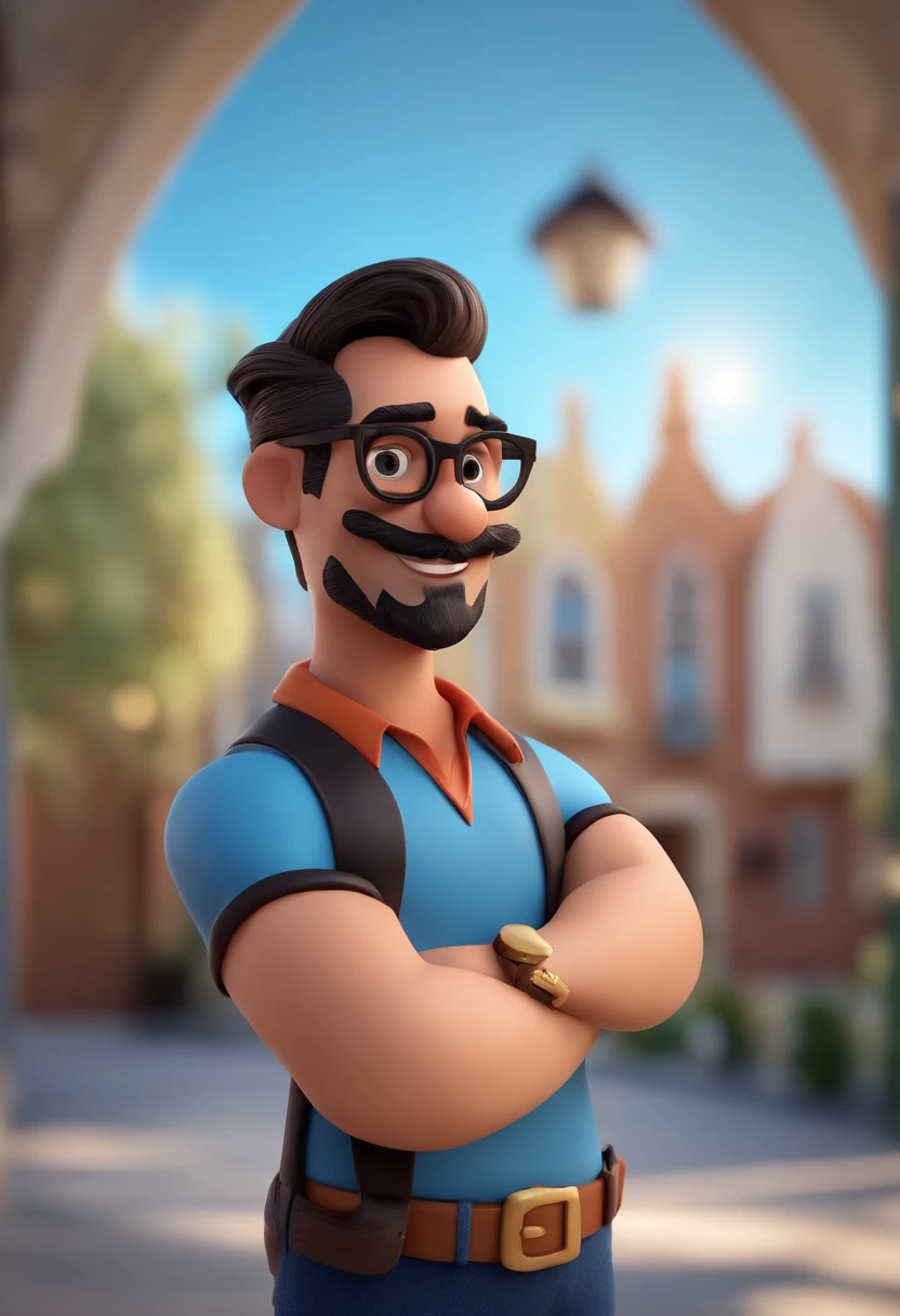 Cartoon character of a man with black glasses, cabelo raspado preto, barba e bigode baixo, uma camisa azul, animation character, Caractere estilizado, animation style rendering,   3D estilizado, Arnold Maya render, 3d stylized rendering, toon render keyshot, Personagem 3D, Personagem 3D, 3d rendering stylized, 3 d character render, personagem de desenho              animado, Personagem de close up, Pose de personagem,  (Estilo Pixar) (master part:1.2) (Bokeh) (best quality) (pele detalhada) (textura detalhada) (4k) (argila) (Cinematic lighting) (foco nítido)