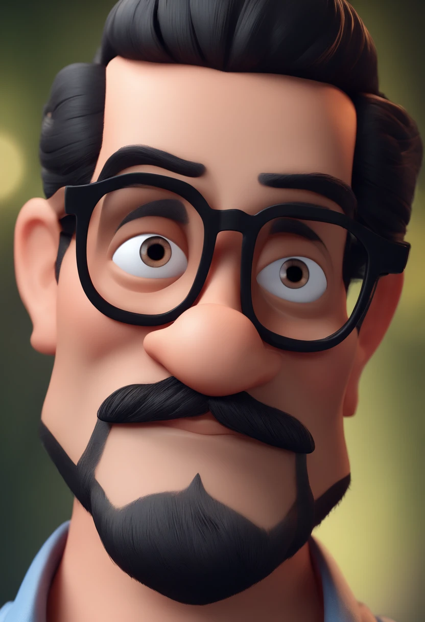 Cartoon character of a man with black glasses, cabelo raspado preto, barba e bigode baixo, uma camisa azul, animation character, Caractere estilizado, animation style rendering,   3D estilizado, Arnold Maya render, 3d stylized rendering, toon render keyshot, Personagem 3D, Personagem 3D, 3d rendering stylized, 3 d character render, personagem de desenho              animado, Personagem de close up, Pose de personagem,  (Estilo Pixar) (master part:1.2) (Bokeh) (best quality) (pele detalhada) (textura detalhada) (4k) (argila) (Cinematic lighting) (foco nítido)