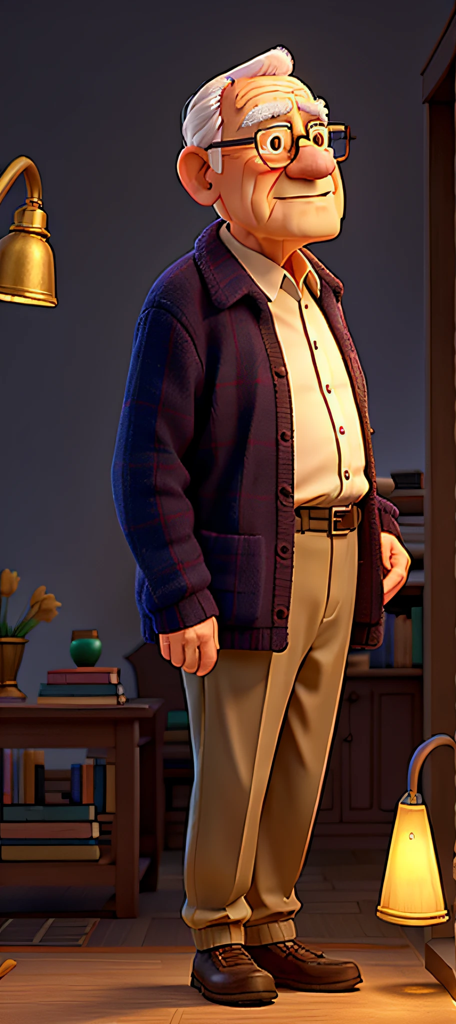 A wise old man standing in front, illuminated by the light of a lamp, against the backdrop of a library
