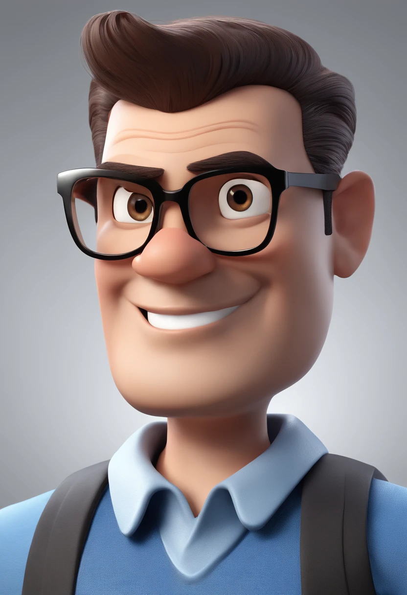 Cartoon character of a man with black glasses and a blue shirt, animation character, Caractere estilizado, animation style rendering, 3D estilizado, Arnold Maya render, 3 d render stylized, toon render keyshot, Personagem 3D, Personagem 3D, 3d rendering stylized, 3 d character render, personagem de desenho animado, Personagem de close up, Pose de personagem,  (Estilo Pixar) (master part:1.2) (Bokeh) (best quality) (pele detalhada) (textura detalhada) (8k) (argila) (Cinematic lighting) (foco nítido