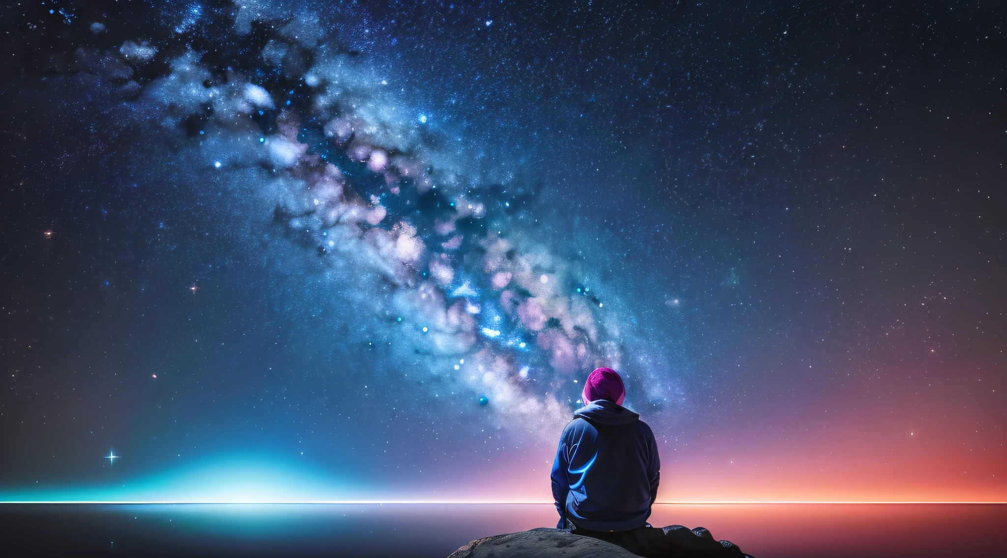 Image of a starry night sky, where a silent-looking human head floats in the center. The head is represented in a minimalist way, em tons de azul escuro e roxo, with soft strokes that give a sense of serenity. around the head, orbit various natural and artificial satellites, each with a unique look. Natural satellites are represented as small moons in shades of gray and white, while artificial satellites are metallic spheres with vibrant colors that reflect starlight. The image has a lofi aesthetic, with a soft color palette and subtle graininess to create a nostalgic atmosphere. The scene is illuminated only by starlight, creating a contrast between the darkness of space and the calm of the head in the center. The human head is slightly tilted downwards, como se estivesse imersa em pensamentos profundos, while satellites orbit around them in graceful trajectories. This image aims to illustrate the cover of an instrumental jazz album that seeks to be a soundtrack for a reflection on how we are influenced by the diverse people who orbit our lives, each with their own intentions and influences. The image conveys the feeling of introspection and contemplation, while satellites symbolize the connections and interactions that shape our journey.
